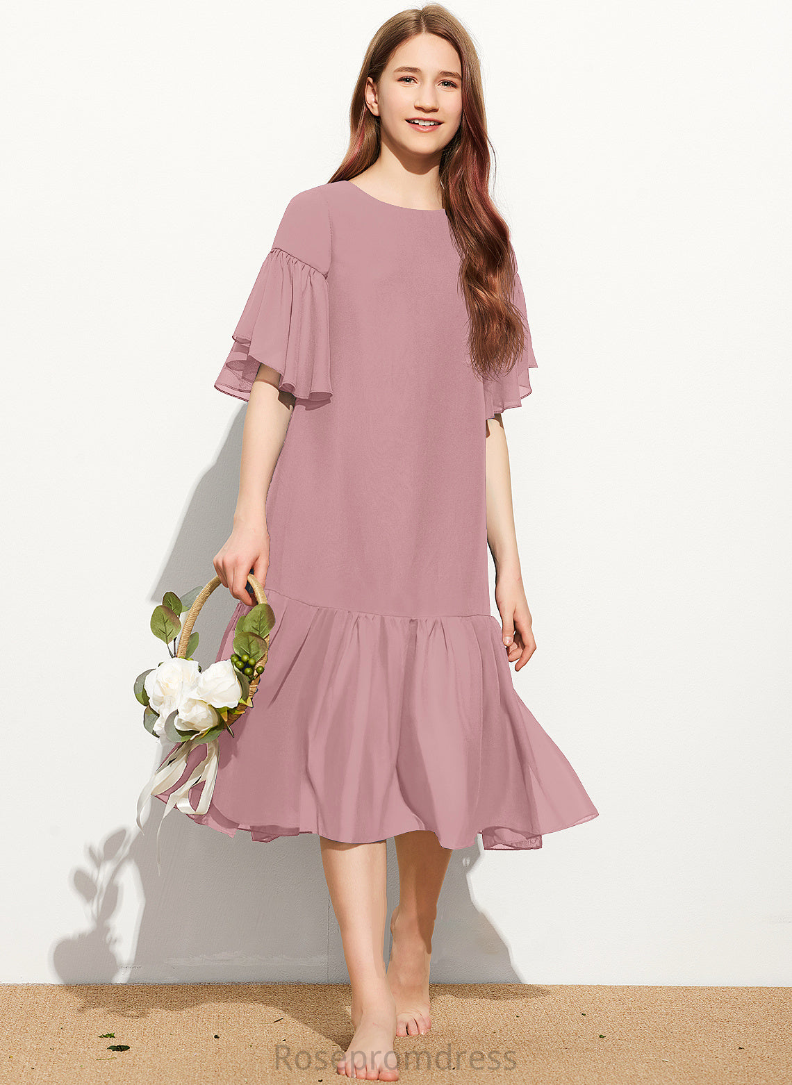 With Cascading Junior Bridesmaid Dresses A-Line Ruffles Scoop Mariah Neck Knee-Length Chiffon