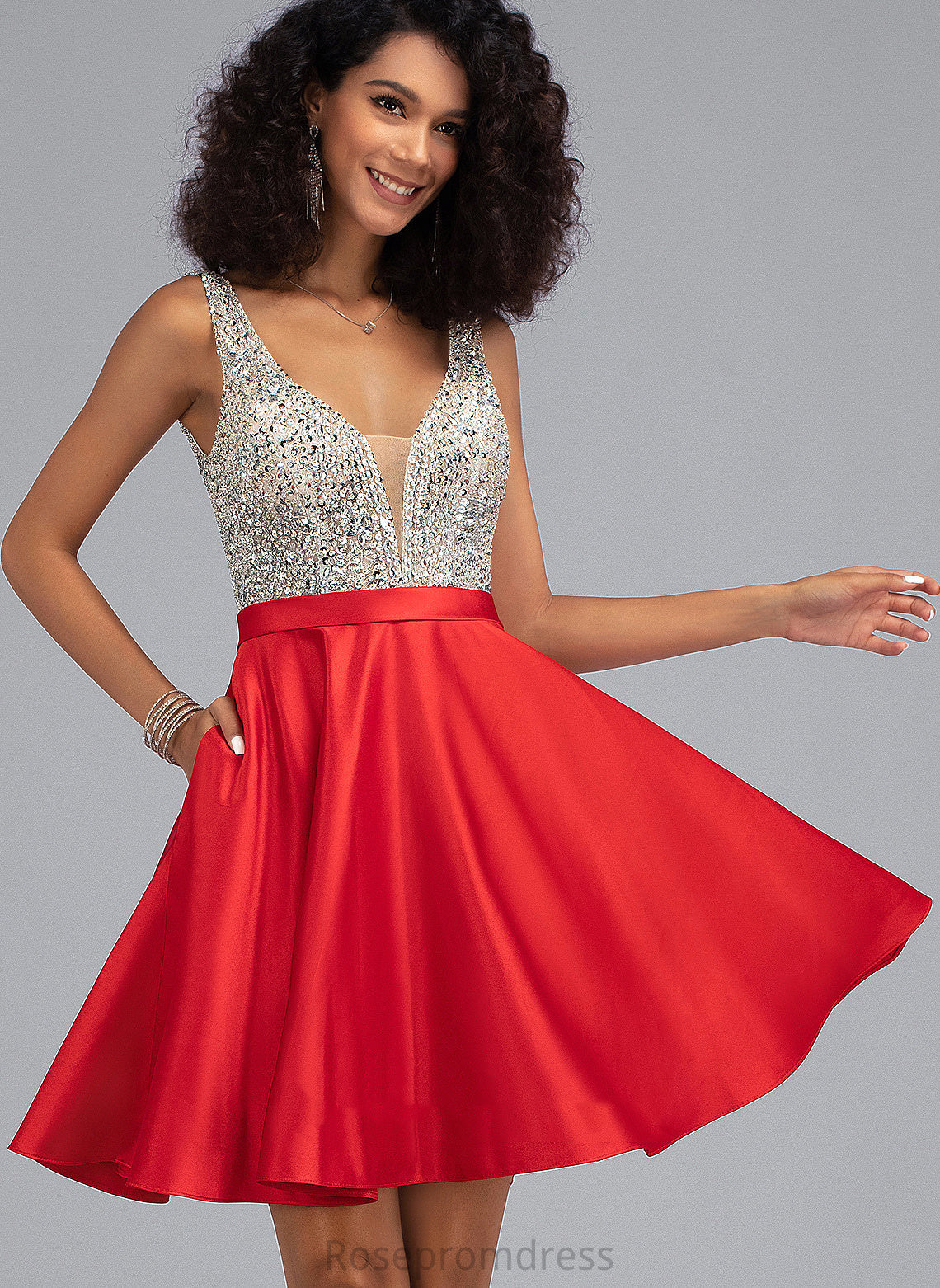 Pockets V-neck Homecoming Sequins Satin With Short/Mini Dress Homecoming Dresses Beading Nita A-Line