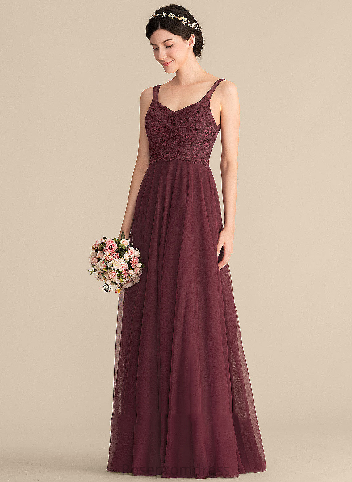 Tulle Straps Neckline Floor-Length Fabric V-neck Lace A-Line Length Silhouette Natasha Scoop Bridesmaid Dresses