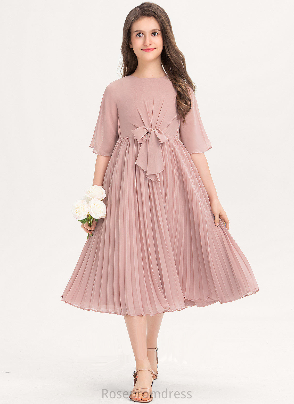 Scoop Bow(s) Knee-Length Chiffon Pleated Stacy With Junior Bridesmaid Dresses A-Line Neck