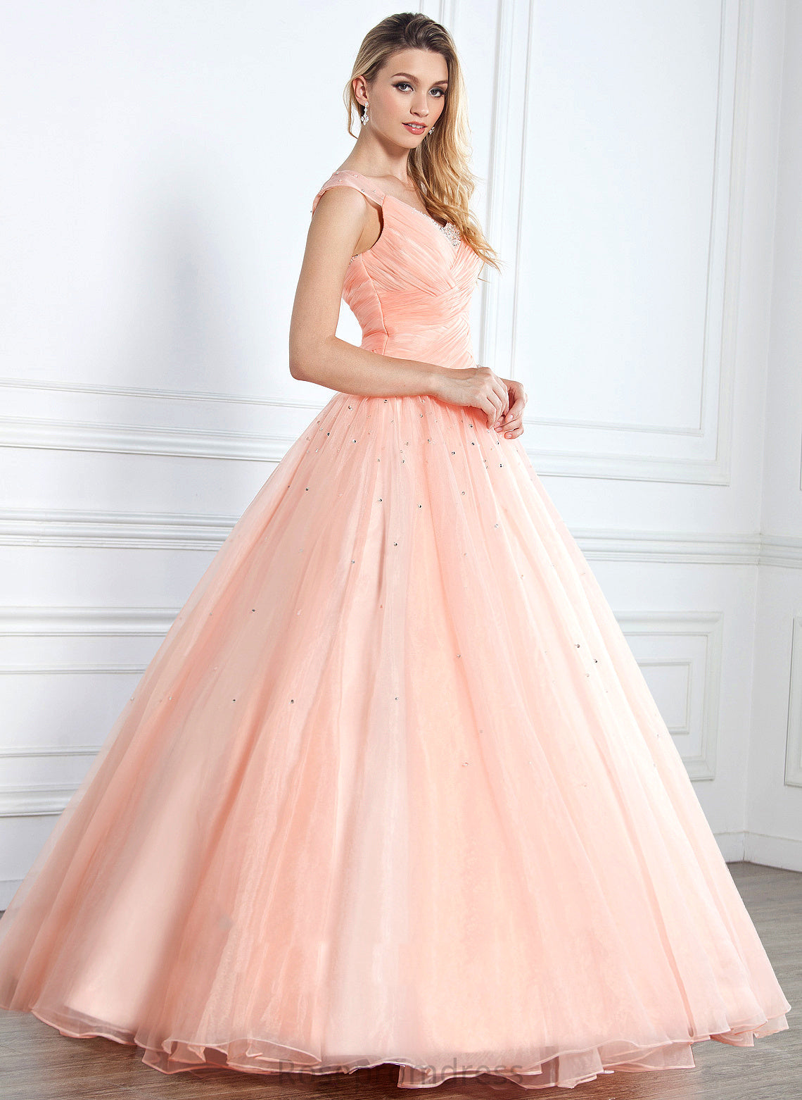 Ball-Gown/Princess Organza With Prom Dresses Gabrielle Satin Ruffle V-neck Sequins Beading Floor-Length