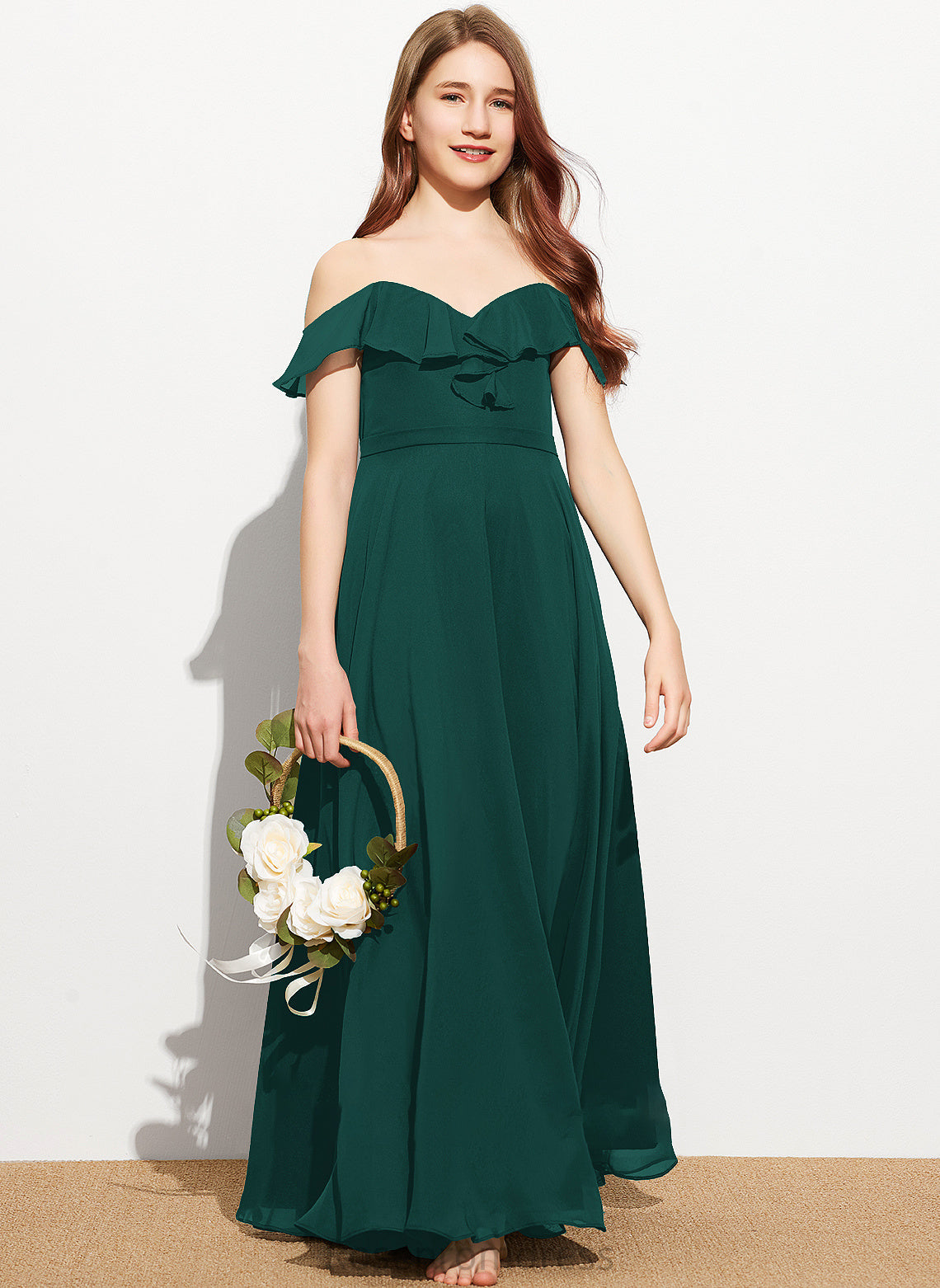 Floor-Length Cascading Off-the-Shoulder Ruffles With Averi Junior Bridesmaid Dresses Chiffon A-Line