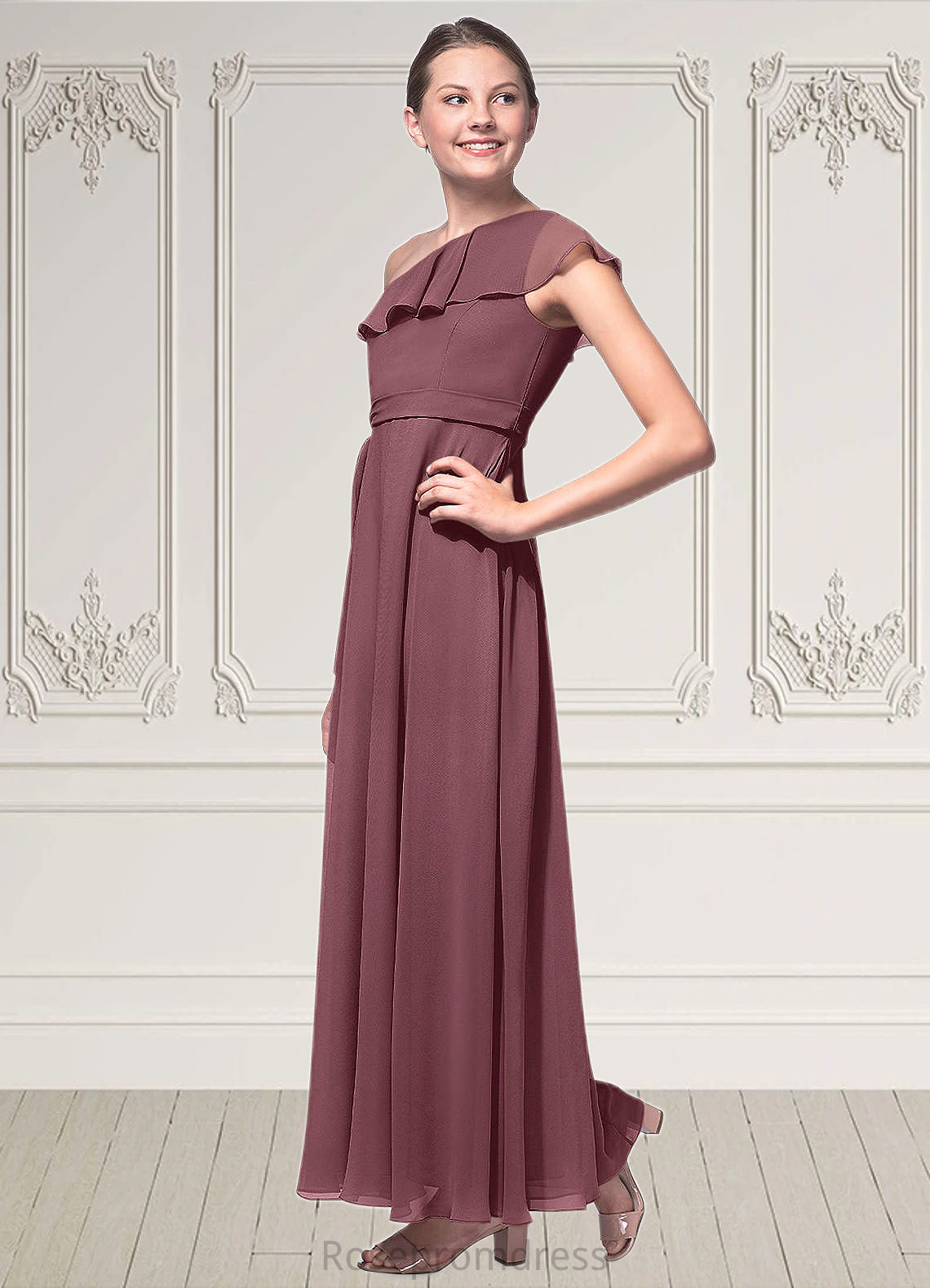 Brooklyn A-Line Ruched Chiffon Floor-Length Junior Bridesmaid Dress SRSP0020007