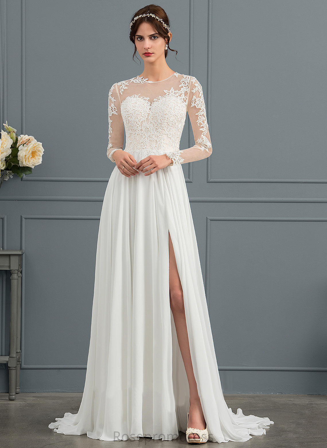 Split Lace Wedding Dresses Appliques Dress Chiffon Tulle Aimee Front Wedding Illusion With A-Line Train Sweep