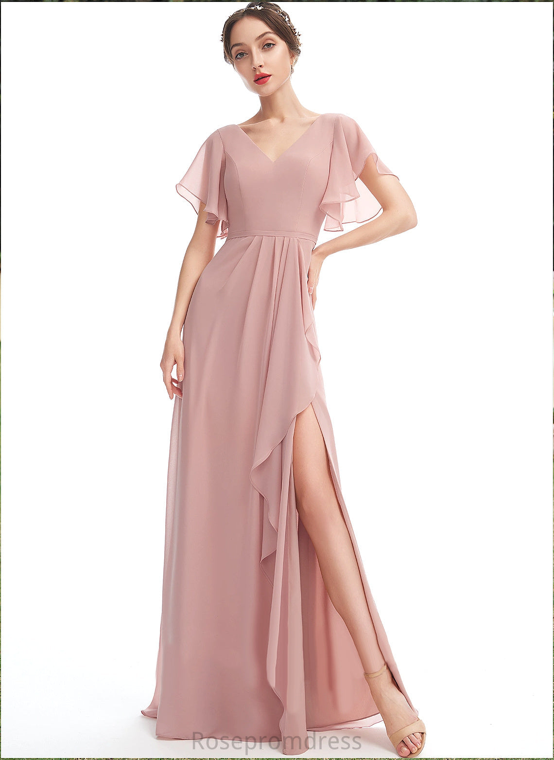 Fabric Silhouette Floor-Length Neckline A-line Length Straps&Sleeves V-Neck Callie Spaghetti Staps Natural Waist Sleeveless Bridesmaid Dresses