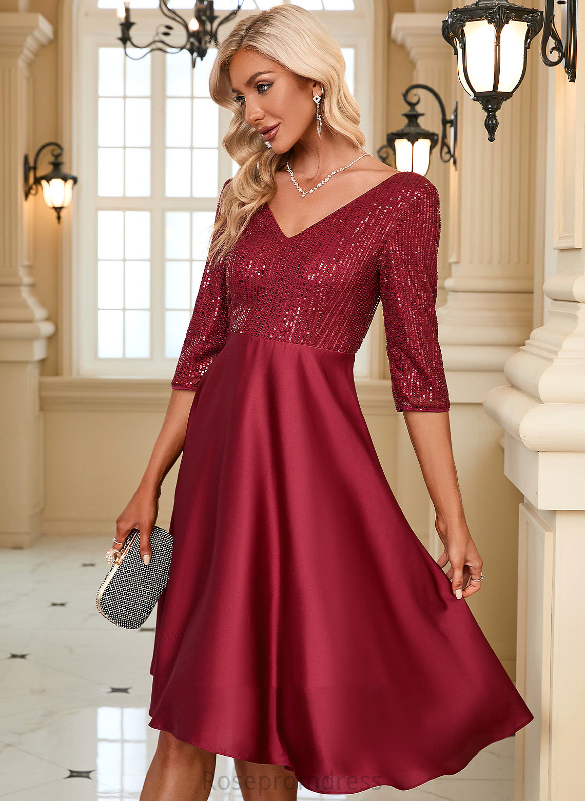 Midi Sleeves Club Dresses Satin Dresses Elegant Kate Sequins V-Neck 3/4 A-line