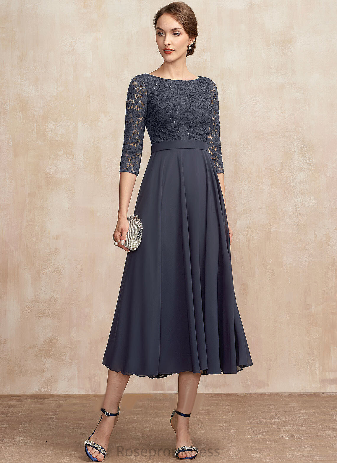 Monique A-Line Neck Tea-Length Sequins Lace Cocktail Scoop Chiffon With Cocktail Dresses Dress