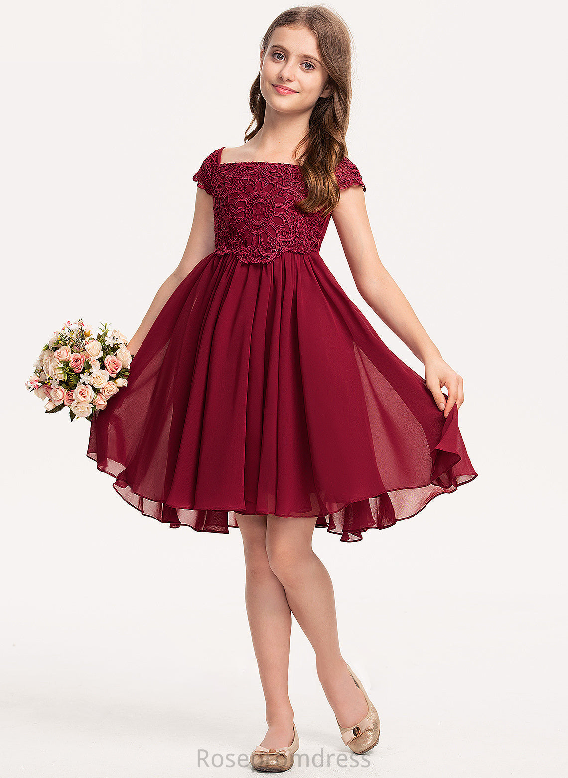 A-Line With Junior Bridesmaid Dresses Jayda Lace Bow(s) Off-the-Shoulder Chiffon Knee-Length