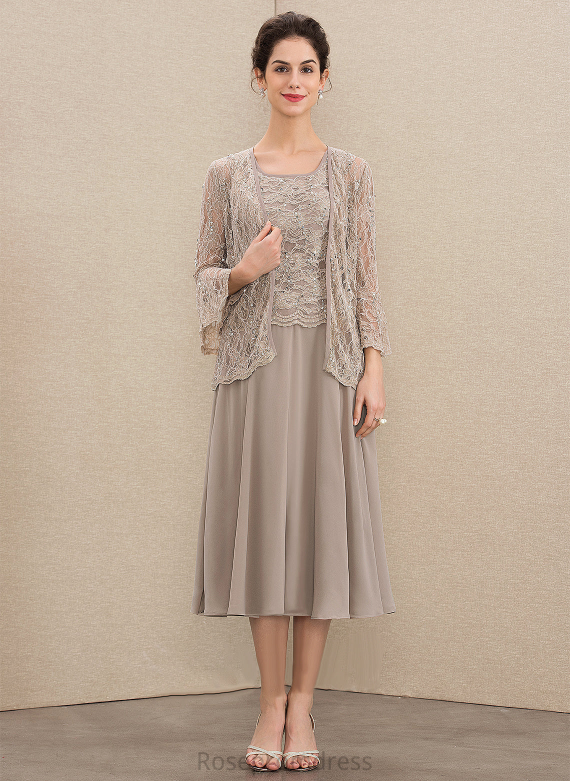 Bride Neck Chiffon Mother of the Bride Dresses Sequins Scoop the Emery With Lace A-Line Dress of Mother Tea-Length