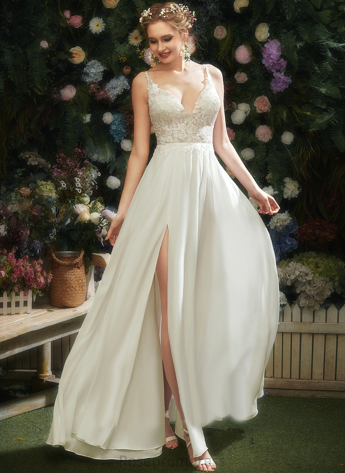 Allyson V-neck Wedding Dresses Lace A-Line Wedding Chiffon Floor-Length Dress