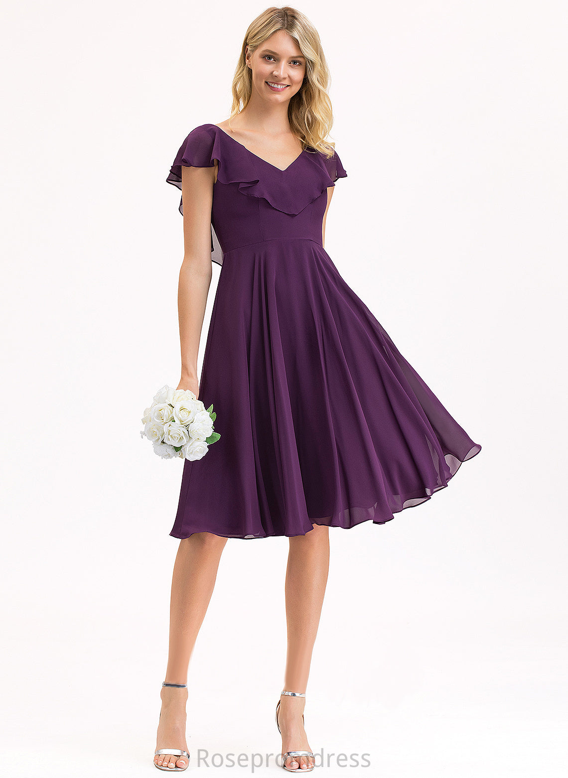 Katharine Cocktail With V-neck Cascading Ruffles A-Line Cocktail Dresses Knee-Length Chiffon Dress