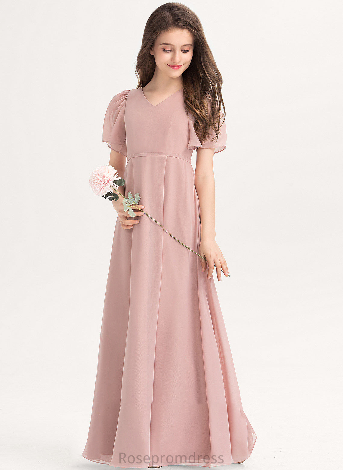 Junior Bridesmaid Dresses Bow(s) A-Line V-neck With Floor-Length Chiffon Mallory