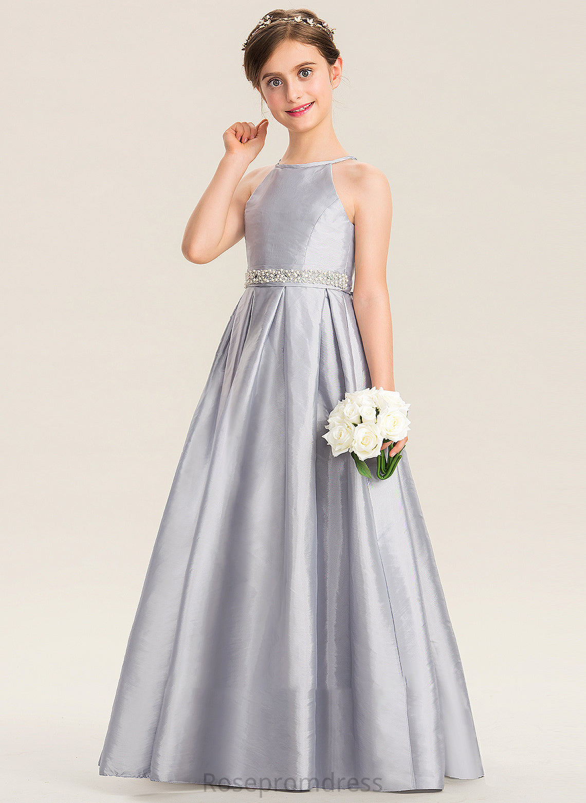 A-Line Bow(s) Beading Floor-Length Taffeta Averi Neck Junior Bridesmaid Dresses Scoop With