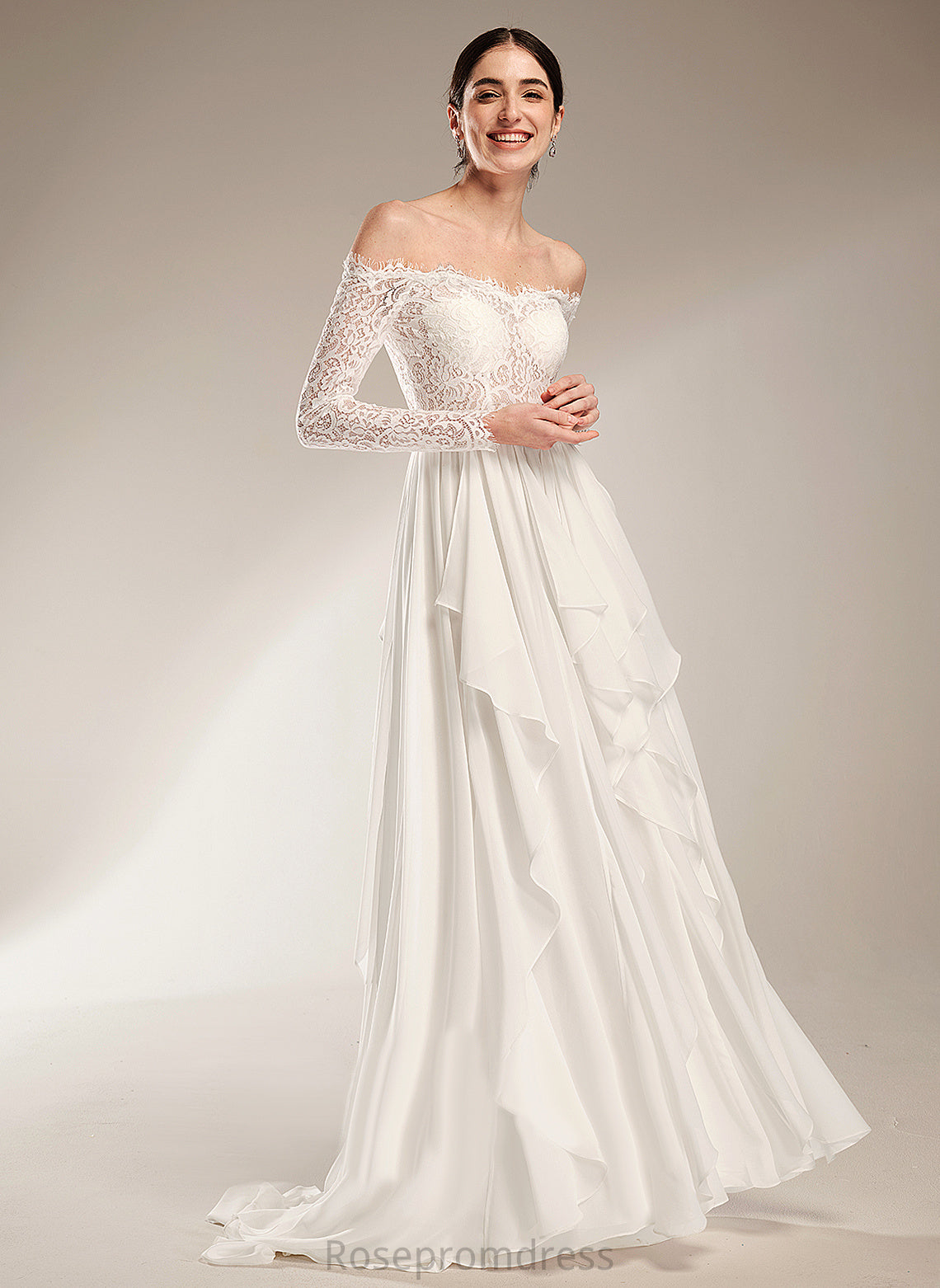 Court Train With Wedding Dress Tara Lace Ruffle Wedding Dresses Chiffon A-Line Off-the-Shoulder