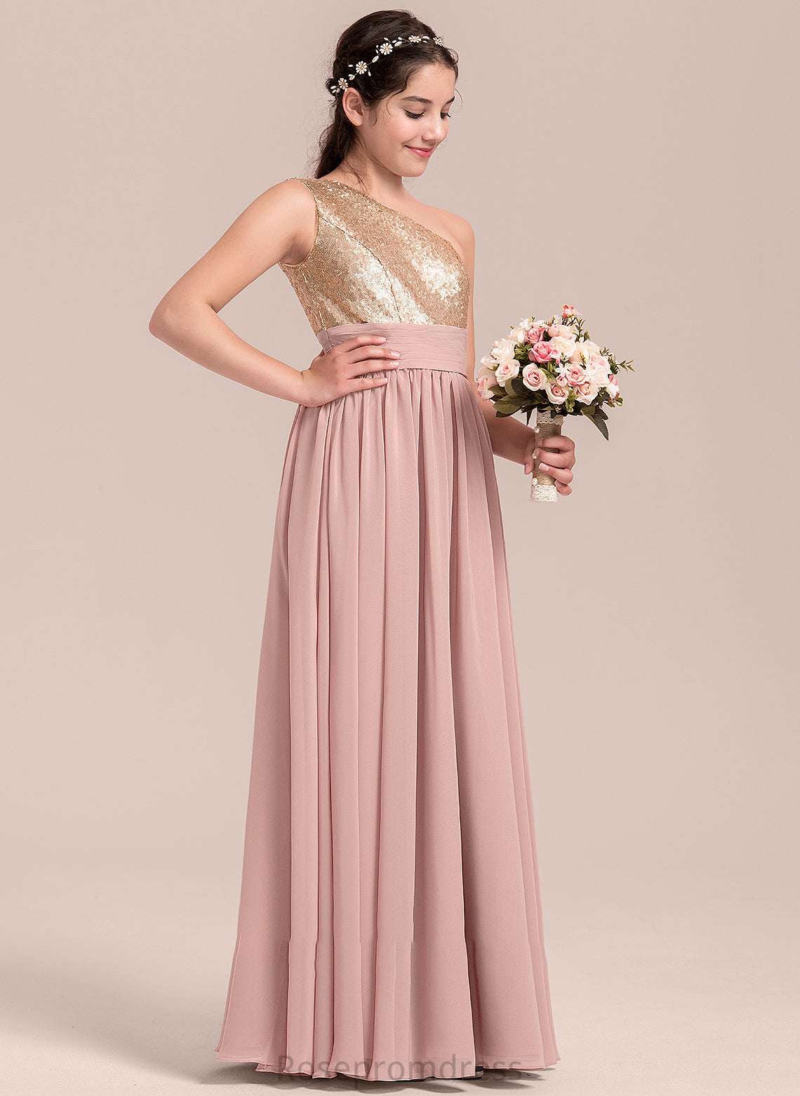 One-Shoulder Ruffle Junior Bridesmaid Dresses Chiffon Undine A-Line Floor-Length With