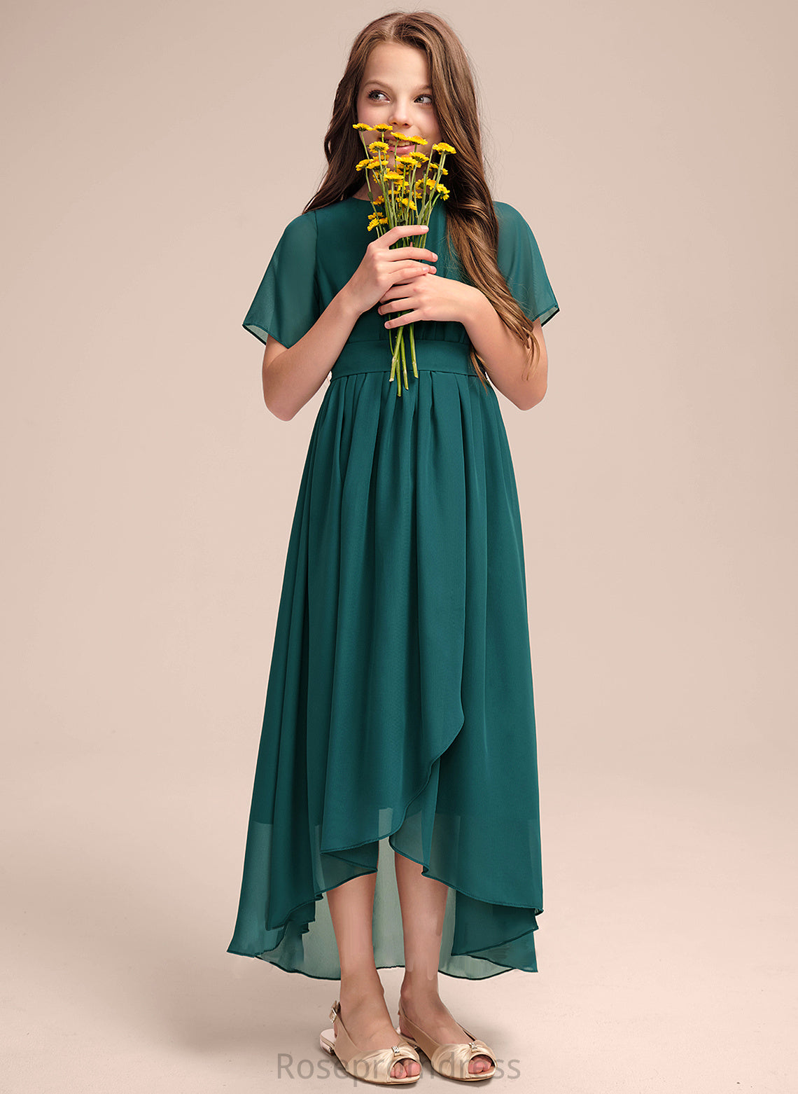 A-Line Bow(s) With Neck Lorelai Junior Bridesmaid Dresses Asymmetrical Chiffon Ruffle Scoop