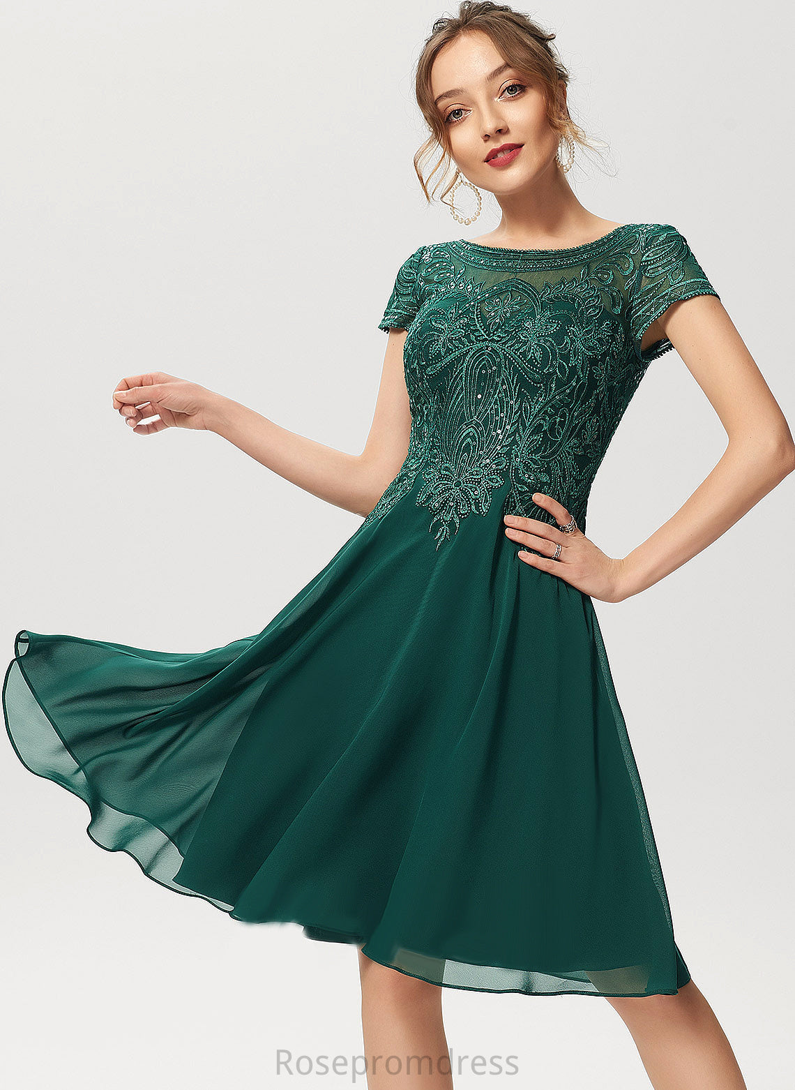 Dress Aylin Sequins A-Line Cocktail Dresses Scoop Knee-Length Cocktail Neck With Lace Chiffon