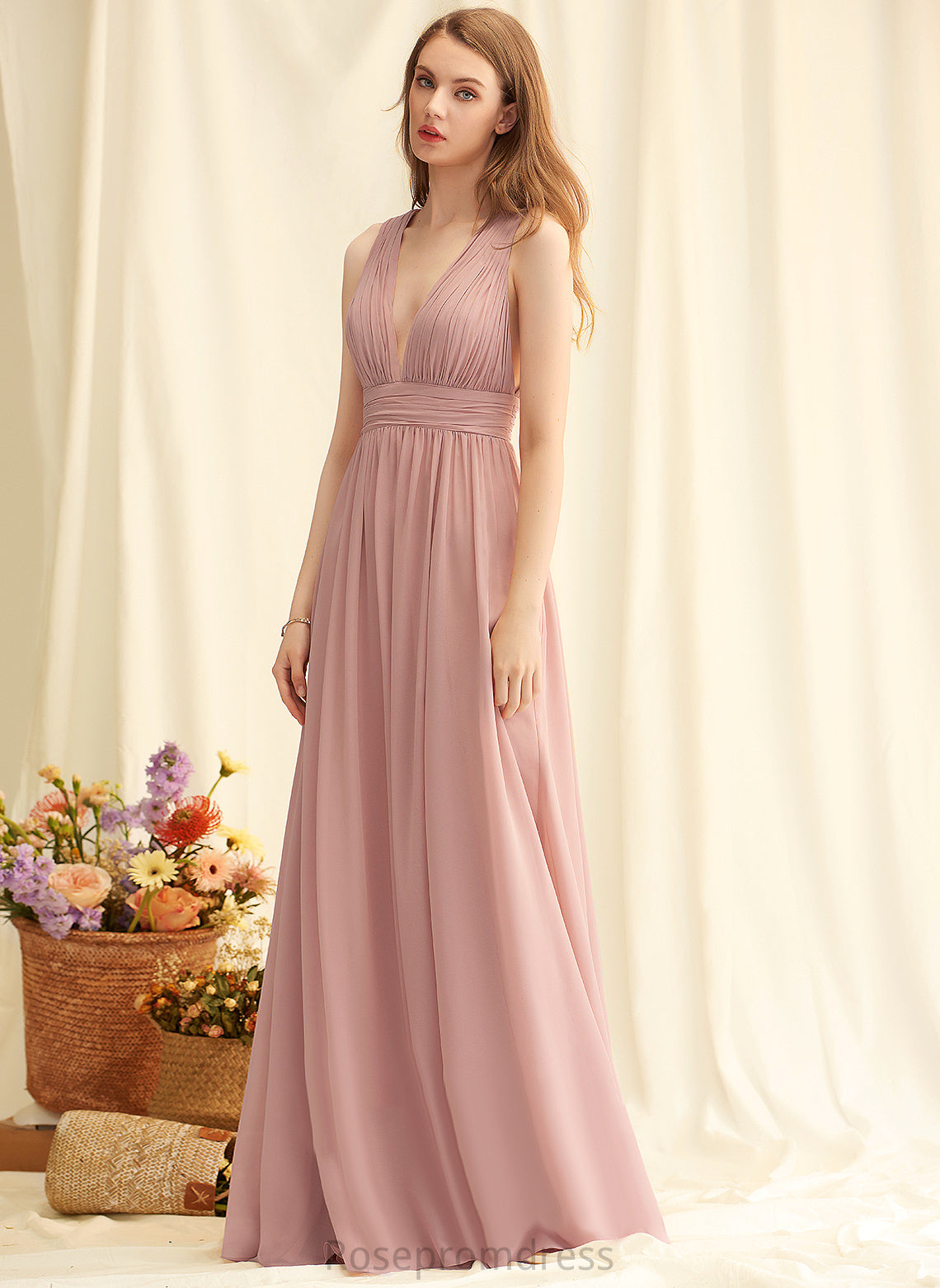 Straps&Sleeves Length V-neck Fabric Neckline Silhouette Floor-Length A-Line Polly Bridesmaid Dresses