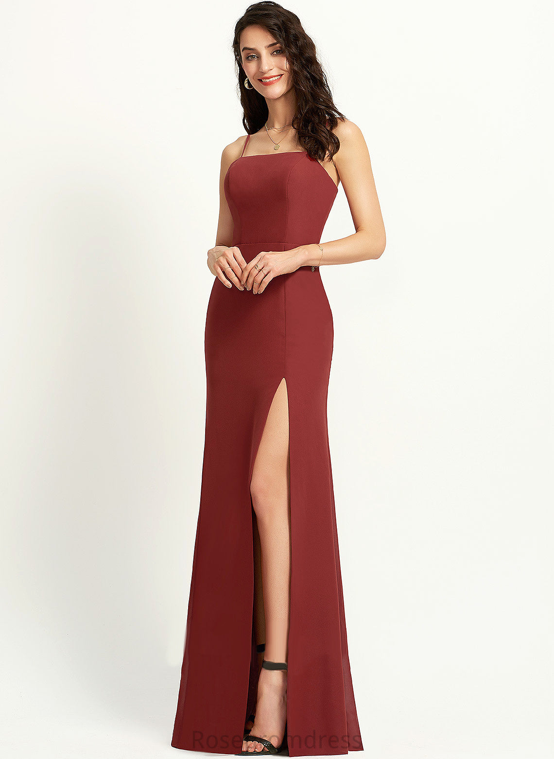 SplitFront Neckline SquareNeckline Sheath/Column Fabric Floor-Length Embellishment Length Silhouette Mckinley Spaghetti Staps Sleeveless Bridesmaid Dresses