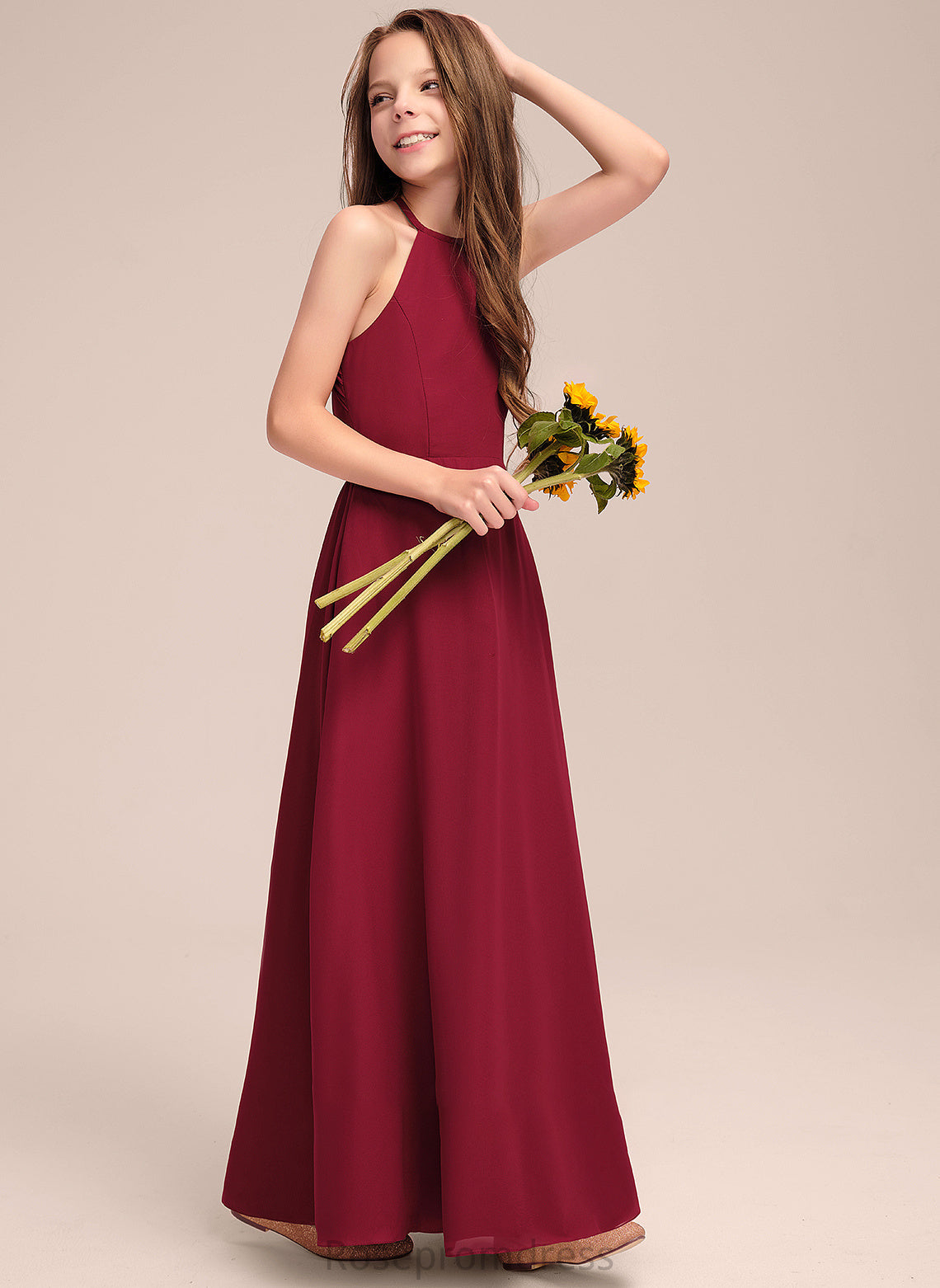 Floor-Length Scoop Setlla Junior Bridesmaid Dresses Chiffon A-Line Neck