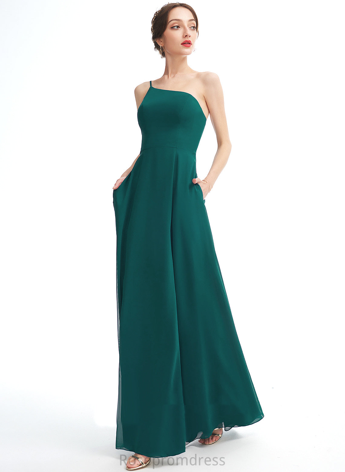 Neckline SplitFront Embellishment One-Shoulder Length A-Line Fabric Silhouette Floor-Length Pockets Amina Bridesmaid Dresses