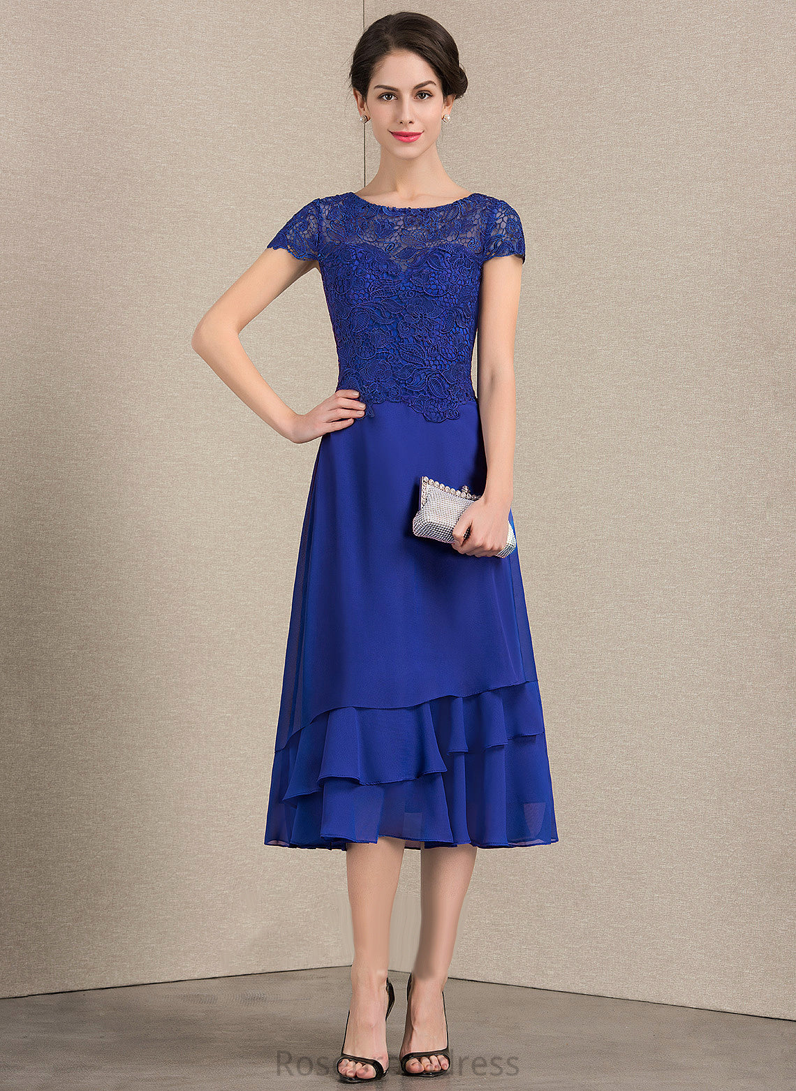 Bride Neck Mother of the Bride Dresses Tea-Length A-Line Lace Scoop Louisa Chiffon Mother the Dress of