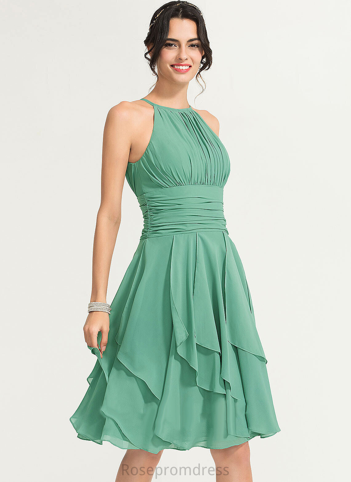 A-Line Dress Chiffon Cocktail Ruffle Ruffles Scoop Neck Knee-Length Viola With Cascading Cocktail Dresses