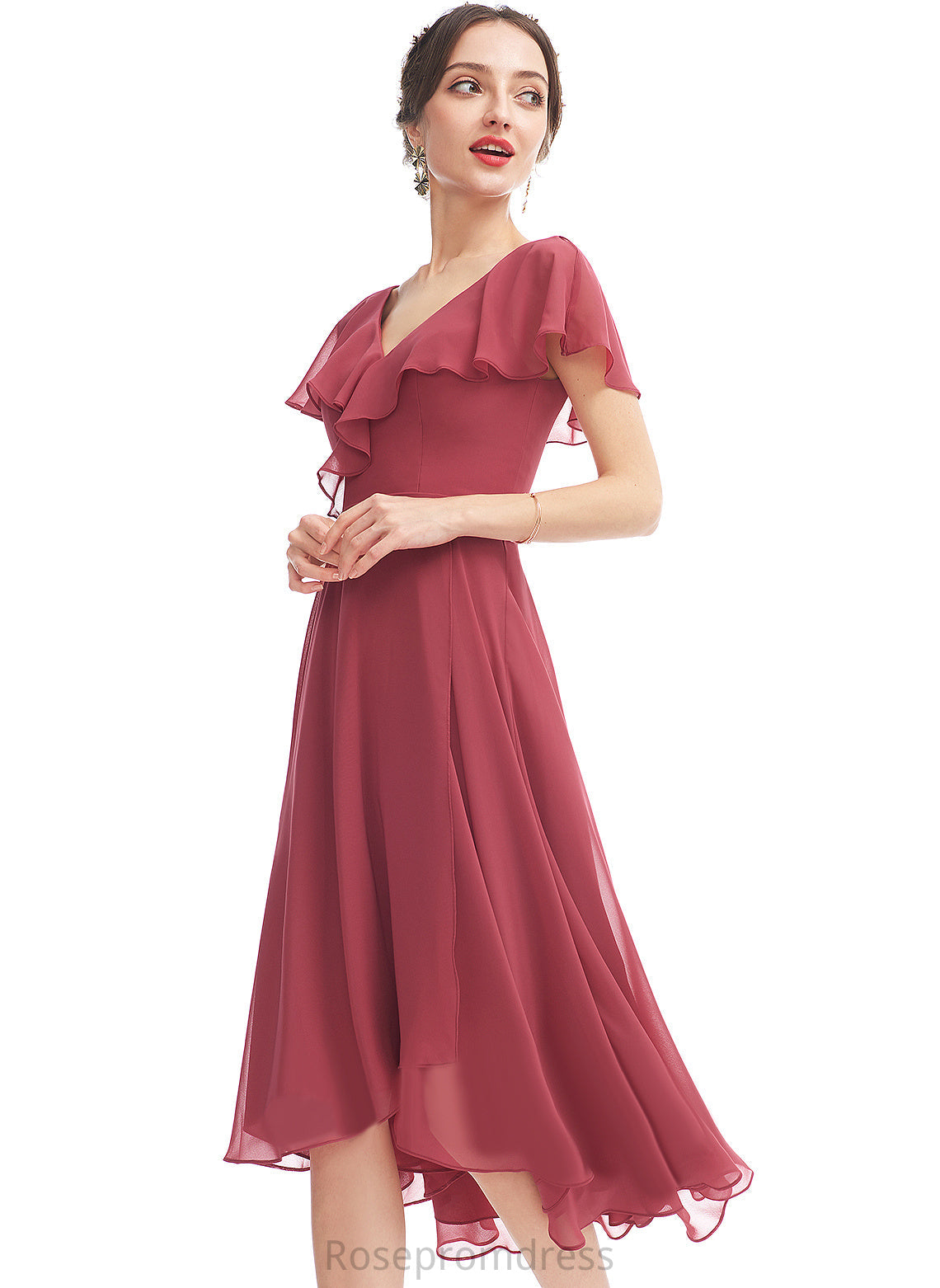 A-Line V-neck Neckline Embellishment Silhouette Asymmetrical Fabric Ruffle Length Alisha Natural Waist Scoop Bridesmaid Dresses