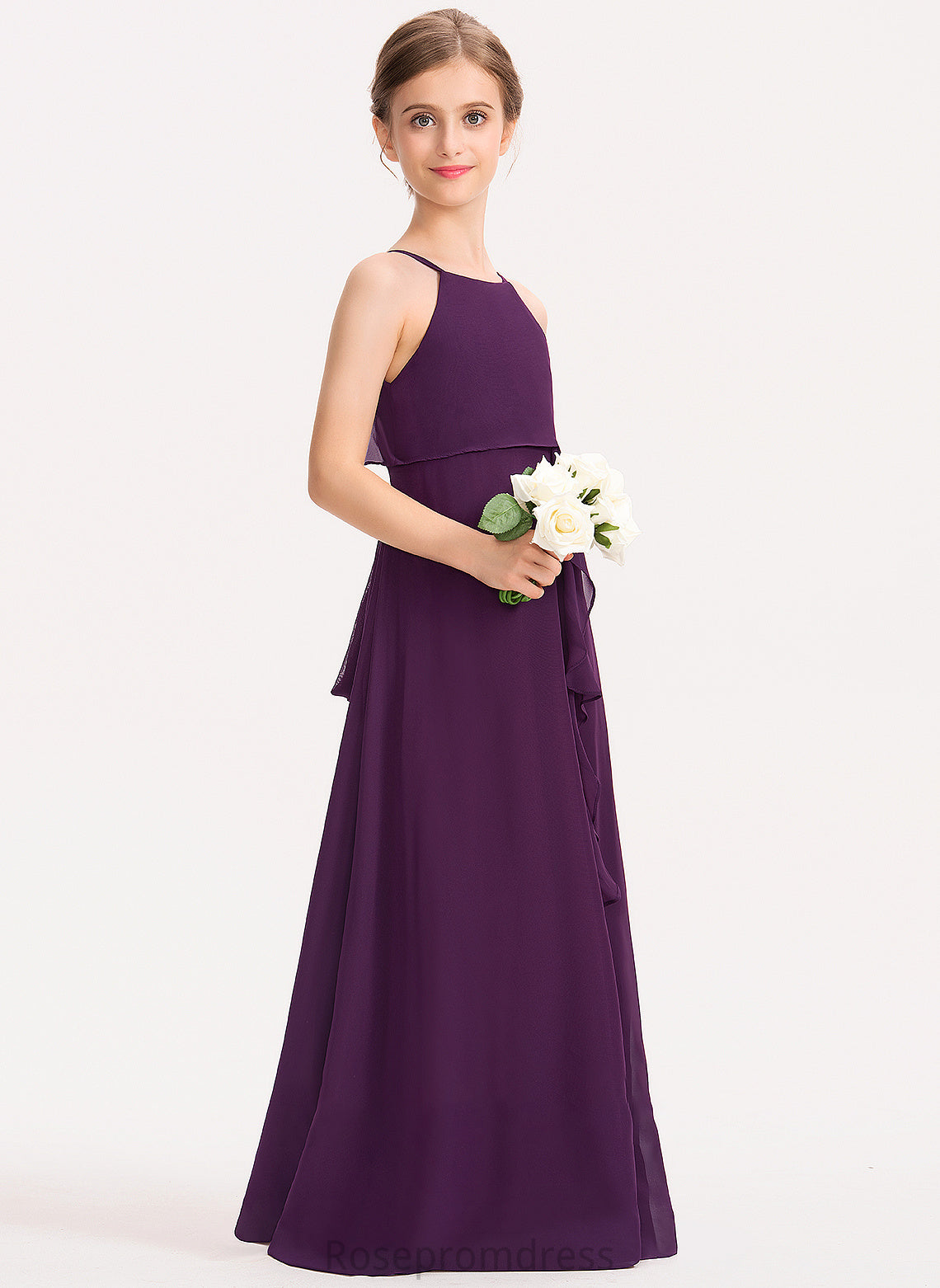 Junior Bridesmaid Dresses Scoop Cascading Ruffles Neck Ayla A-Line With Floor-Length Chiffon Bow(s)