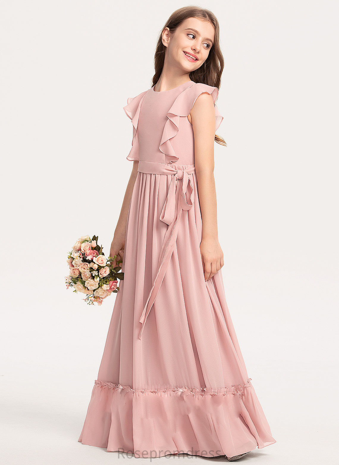 Jean Floor-Length With Scoop A-Line Chiffon Cascading Bow(s) Neck Junior Bridesmaid Dresses Ruffles