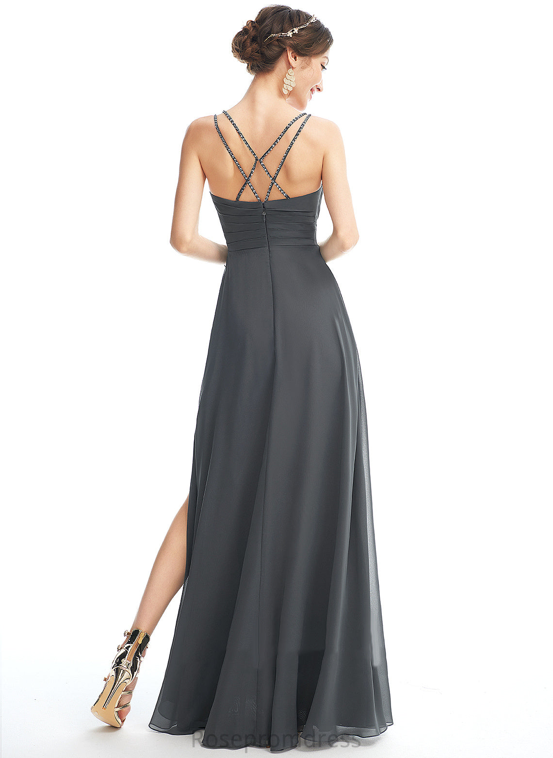 Ruffle Fabric Neckline Length SplitFront Embellishment Silhouette A-Line Floor-Length V-neck Beading Amina Bridesmaid Dresses