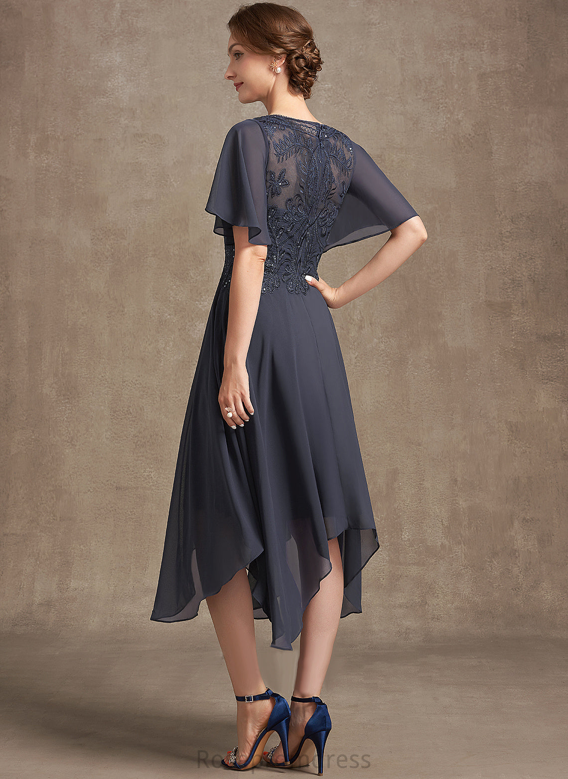 the Bride Scoop With Mother Mother of the Bride Dresses A-Line Lace Sequins Neck Dress Makaila of Tea-Length Chiffon