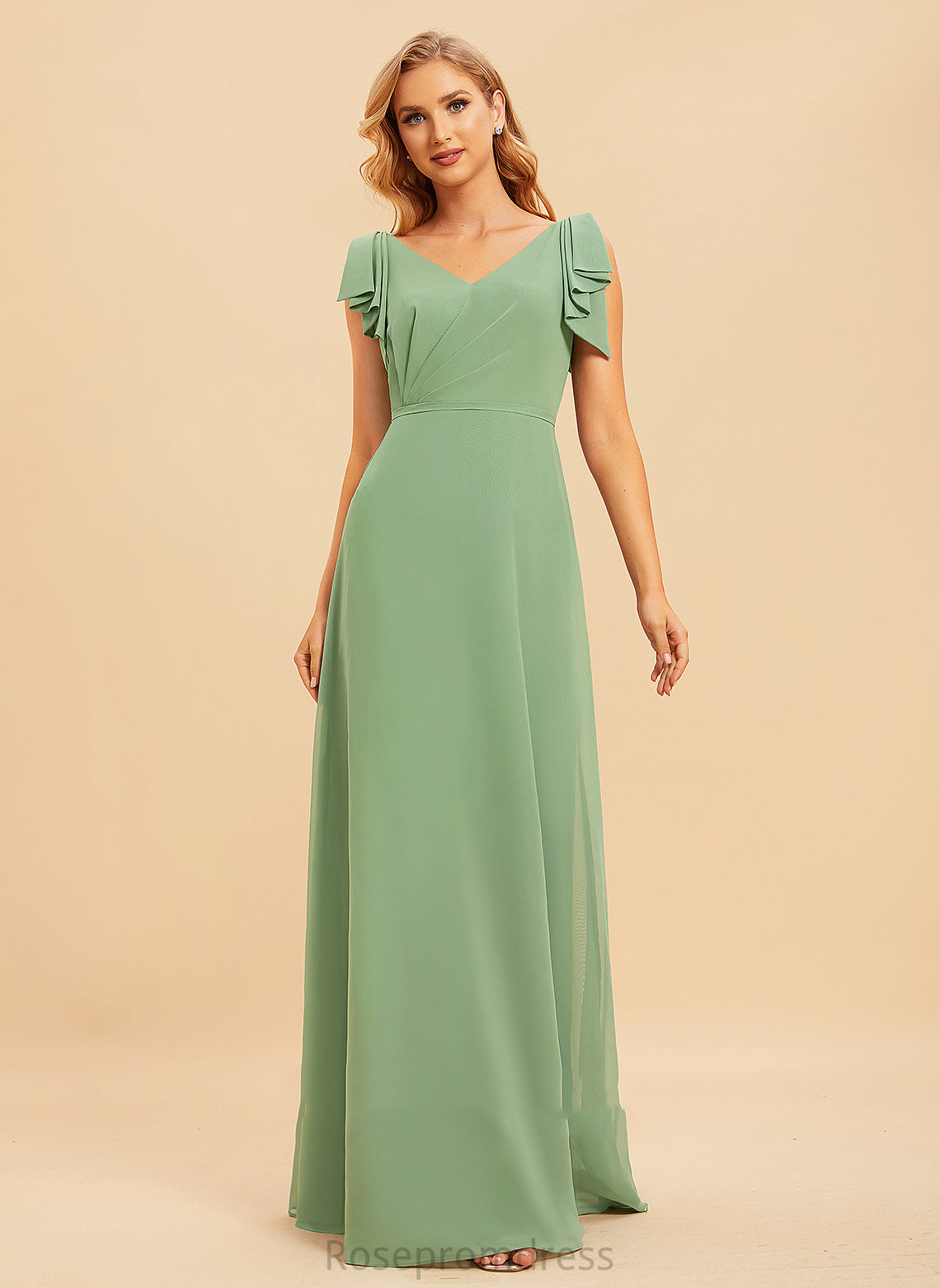 Length Floor-Length Ruffle Fabric A-Line Silhouette Neckline V-neck Embellishment Phoenix Sheath/Column Spaghetti Staps Bridesmaid Dresses