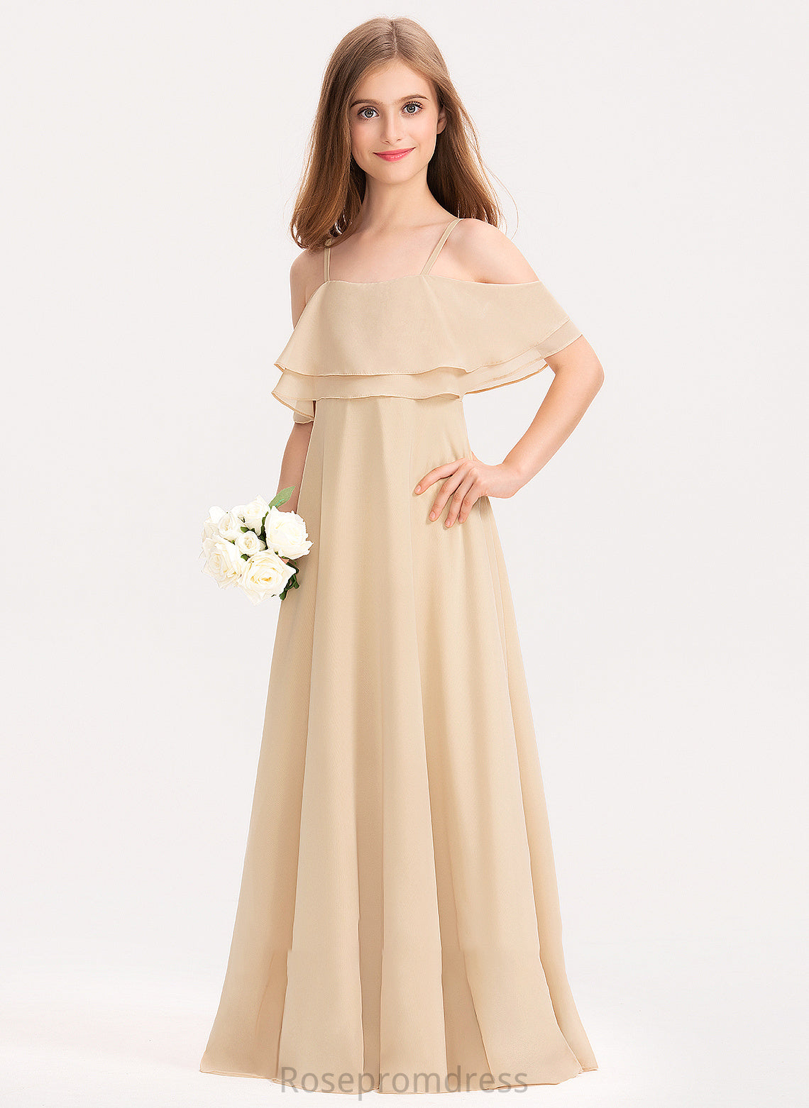 Chiffon With A-Line Off-the-Shoulder Kamryn Junior Bridesmaid Dresses Ruffles Cascading Floor-Length