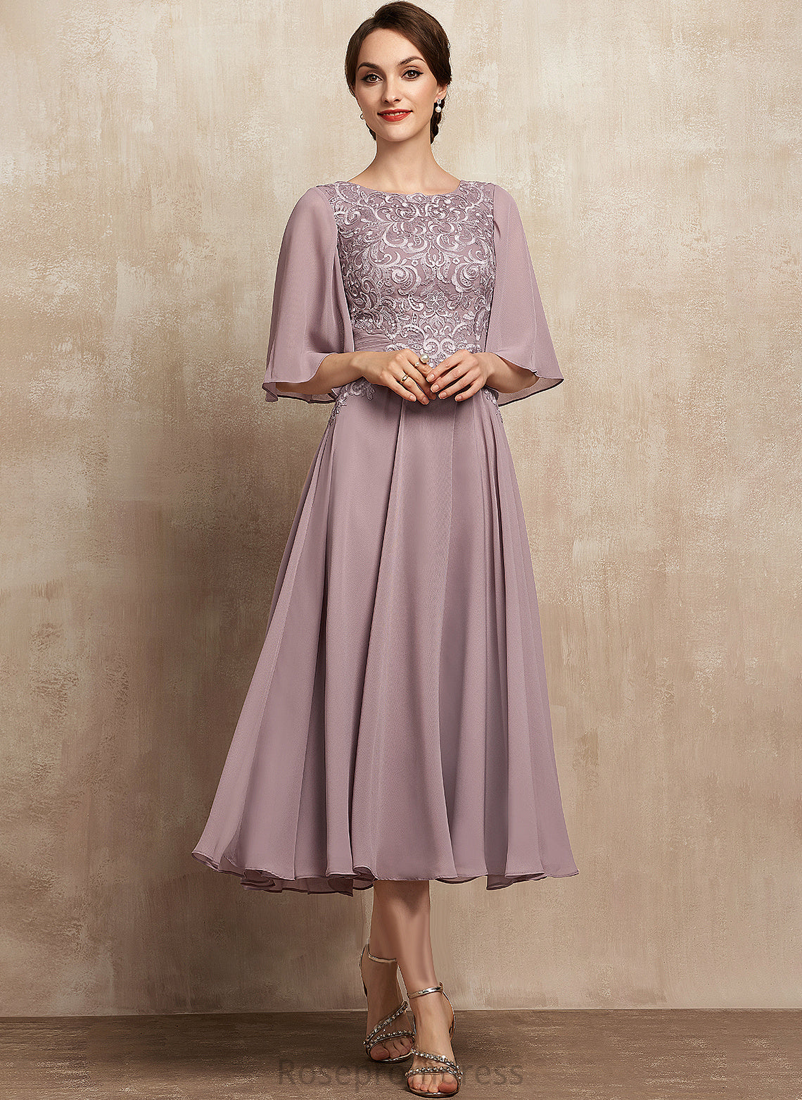 Mother of the Bride Dresses the of Tea-Length Mother Chiffon Bride Lace Scoop Dress A-Line Neck Meghan