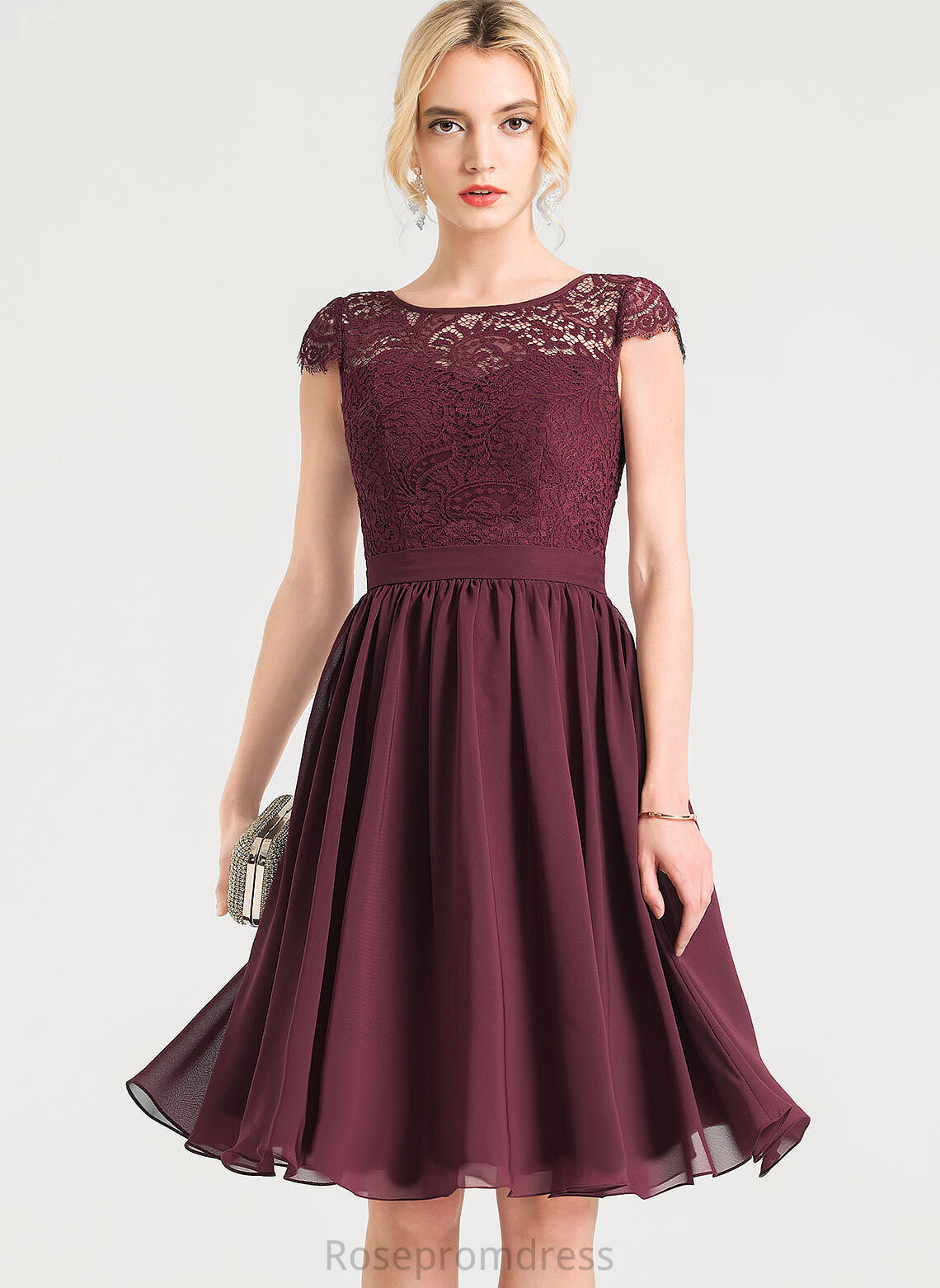 Knee-Length Chiffon Neck Alisha Lace Scoop Cocktail Dresses Dress A-Line Cocktail