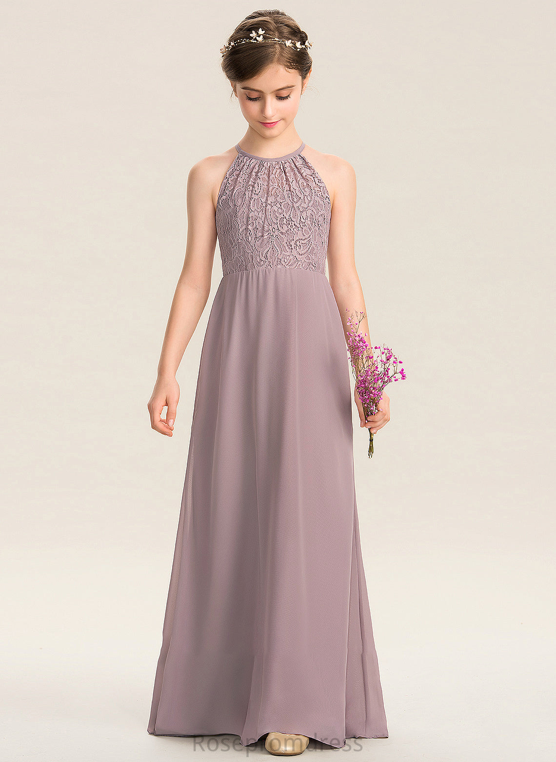 Simone A-LineScoopNeckFloor-LengthChiffonLaceJuniorBridesmaidDressWithRuffle#173272 Junior Bridesmaid Dresses