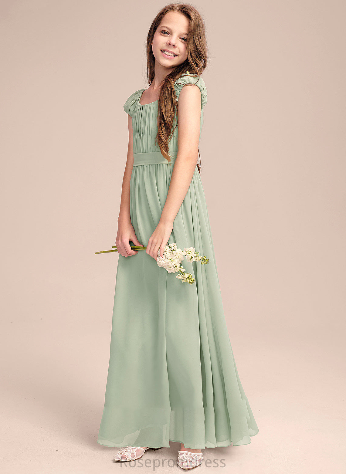 Chiffon Bow(s) Scoop With A-Line Floor-Length Ruffle Neck Journey Junior Bridesmaid Dresses