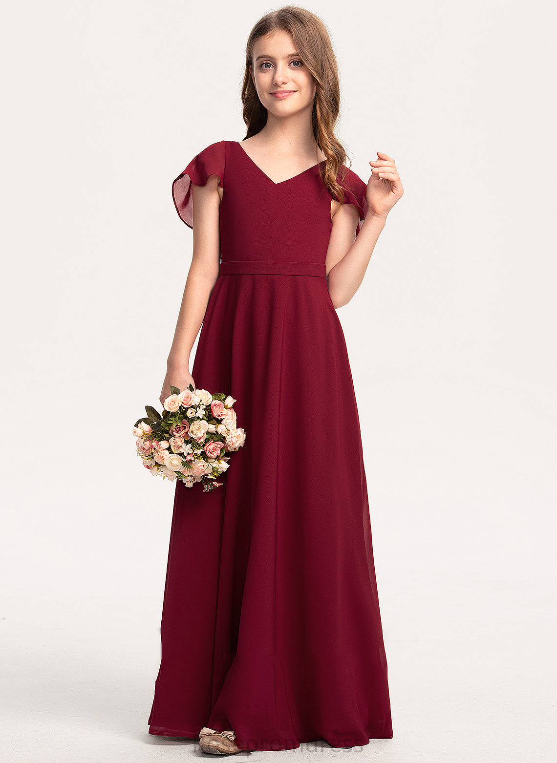 V-neck Chiffon Gabriela Cascading With Floor-Length Junior Bridesmaid Dresses A-Line Ruffles