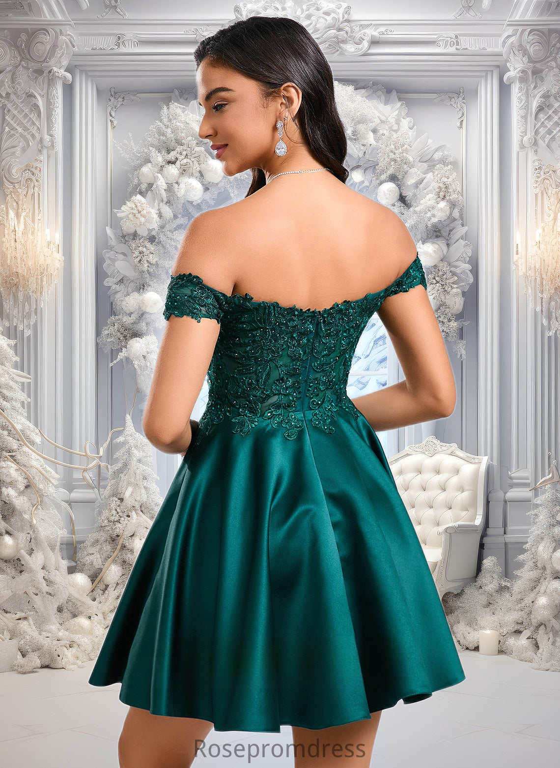 Lily A-line Off the Shoulder Short Lace Satin Homecoming Dress With Rhinestone DSP0025718