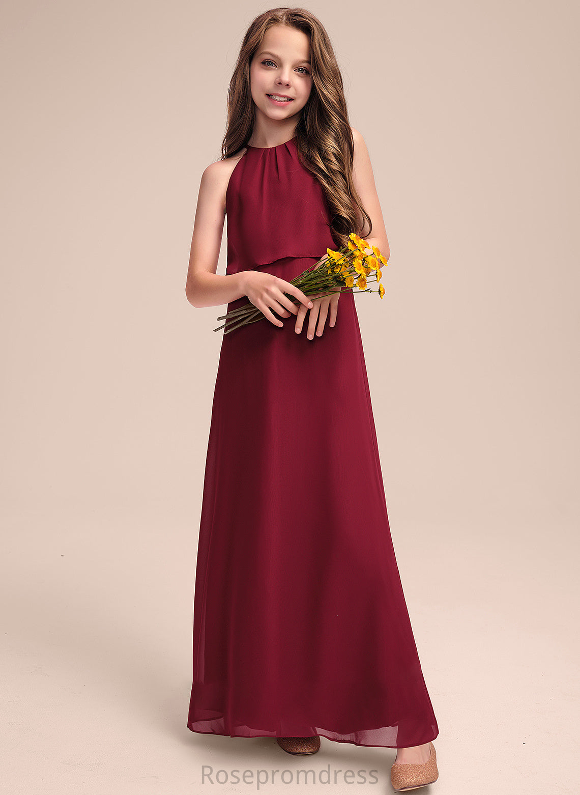 Chiffon Scoop A-Line Ruffles Floor-Length Kaydence Junior Bridesmaid Dresses With Neck