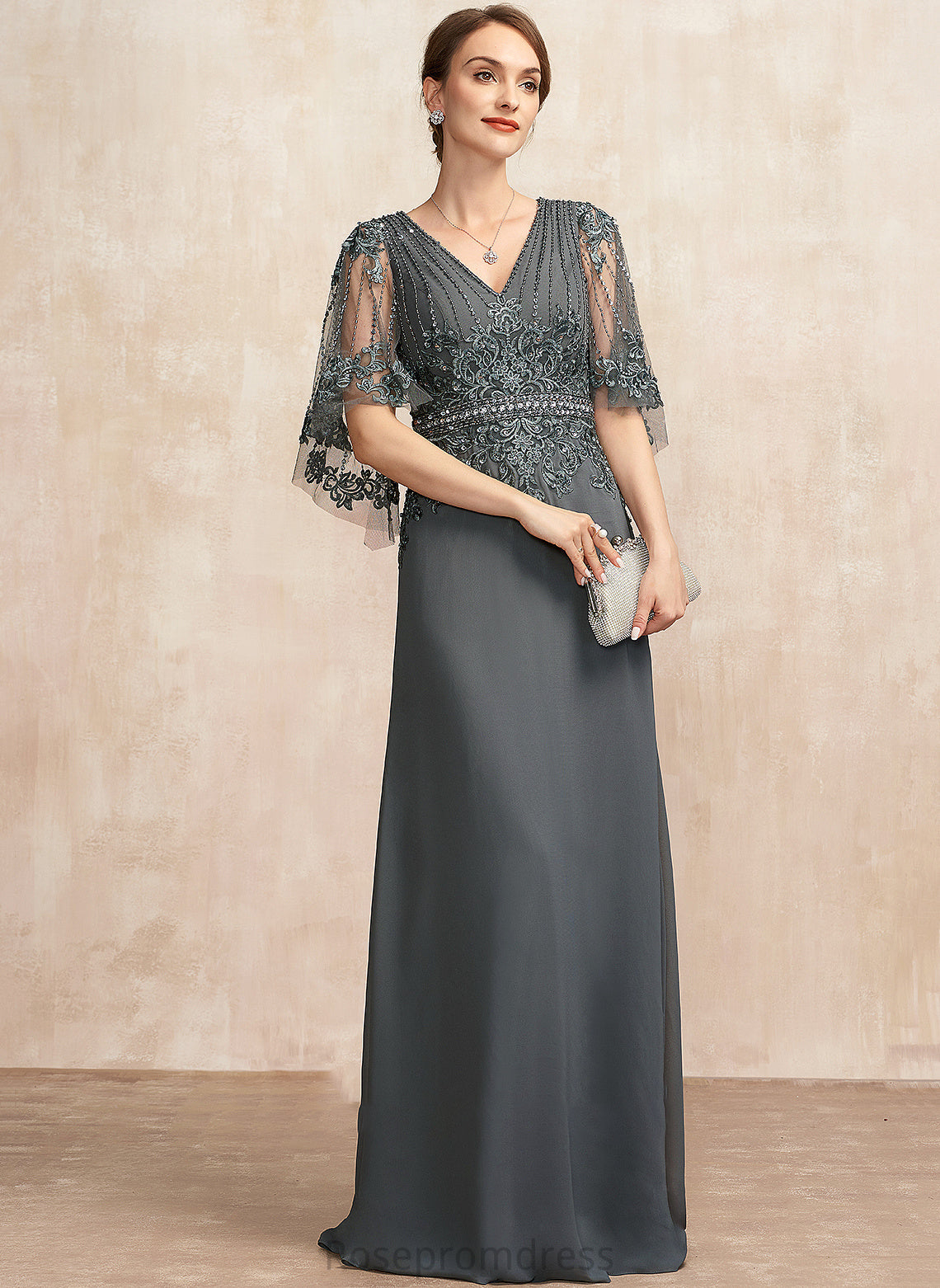 Mother of the Bride Dresses V-neck A-Line Mother Mariyah With the Chiffon Sequins Floor-Length Bride Beading Lace of Dress