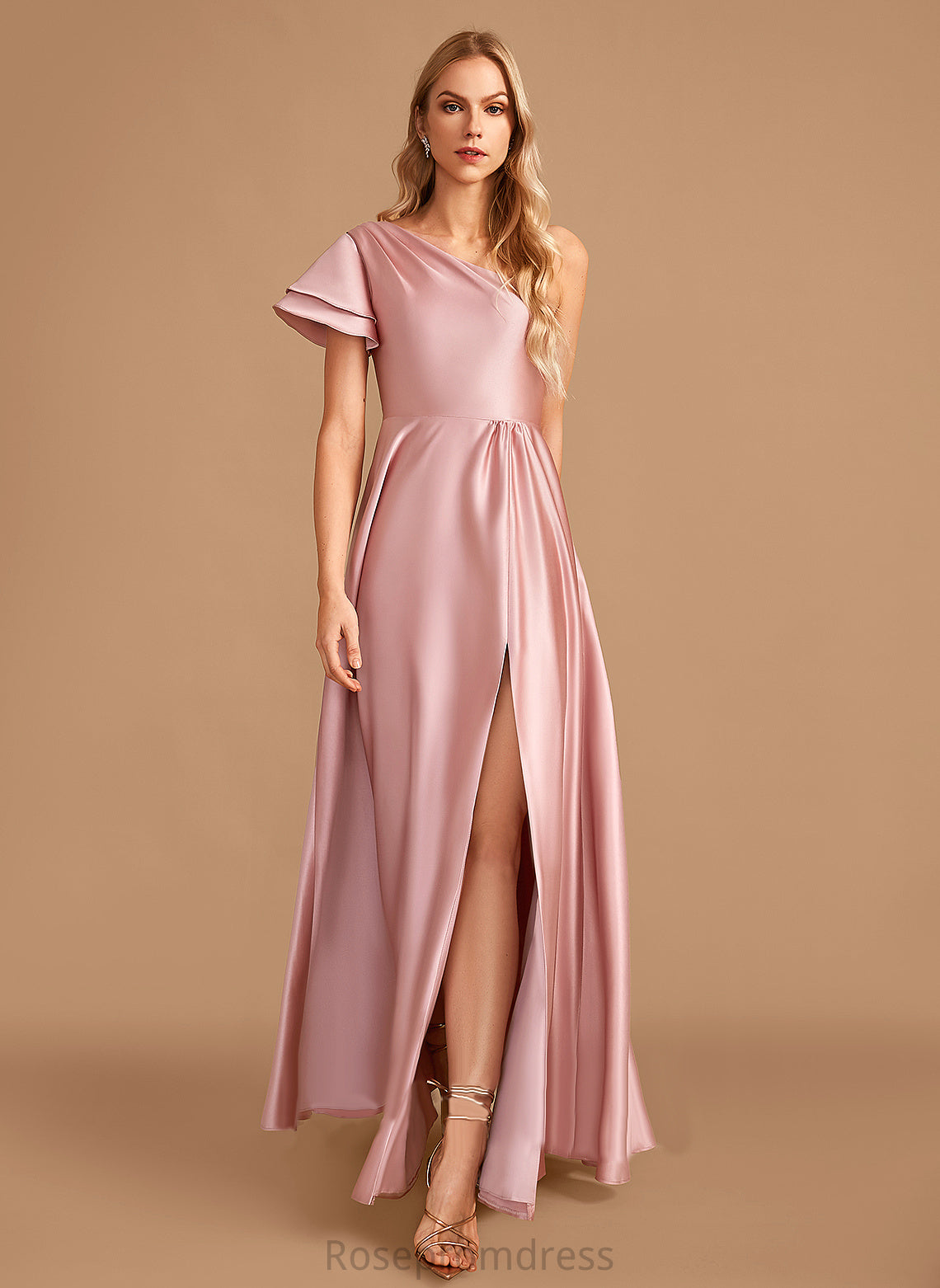 SplitFront Neckline One-Shoulder Length Floor-Length A-Line Embellishment Silhouette Fabric Ava Spaghetti Staps Floor Length Bridesmaid Dresses