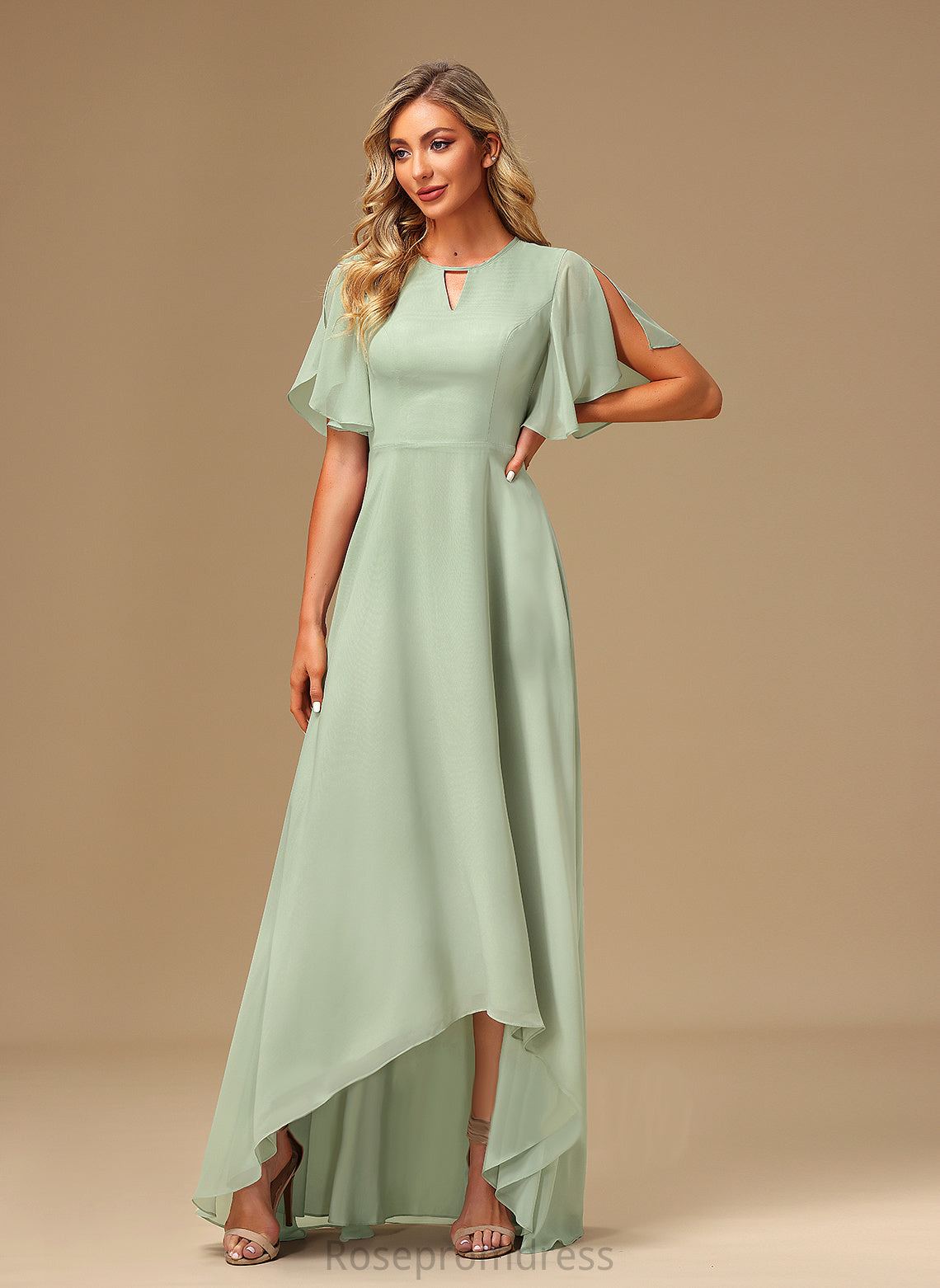 A-line Silhouette Straps&Sleeves Length Fabric BackStyle ShortSleeves Asymmetrical Viviana Bridesmaid Dresses