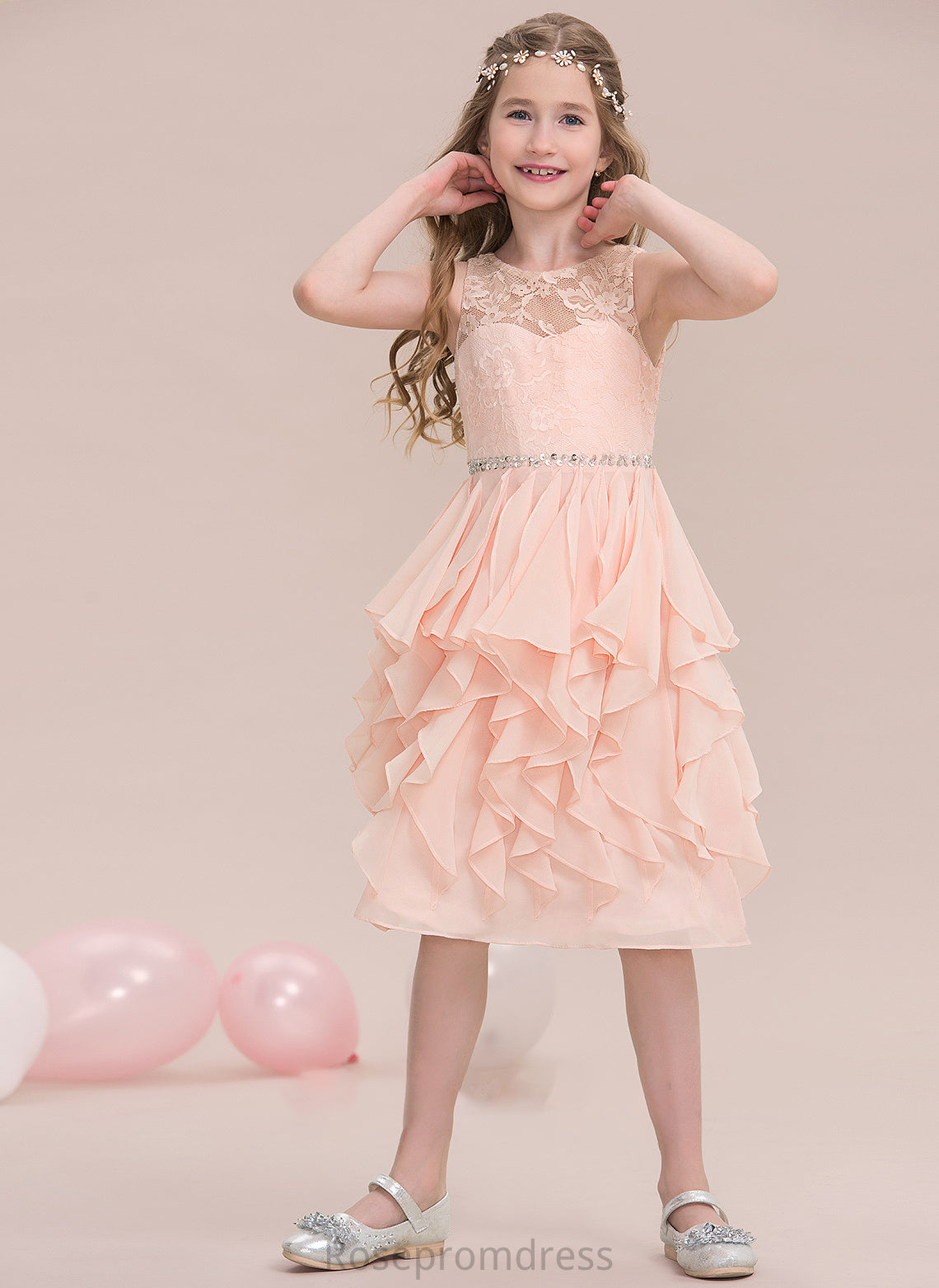 Sequins Chiffon Beading Neck Jaliyah A-Line With Cascading Scoop Ruffles Knee-Length Junior Bridesmaid Dresses