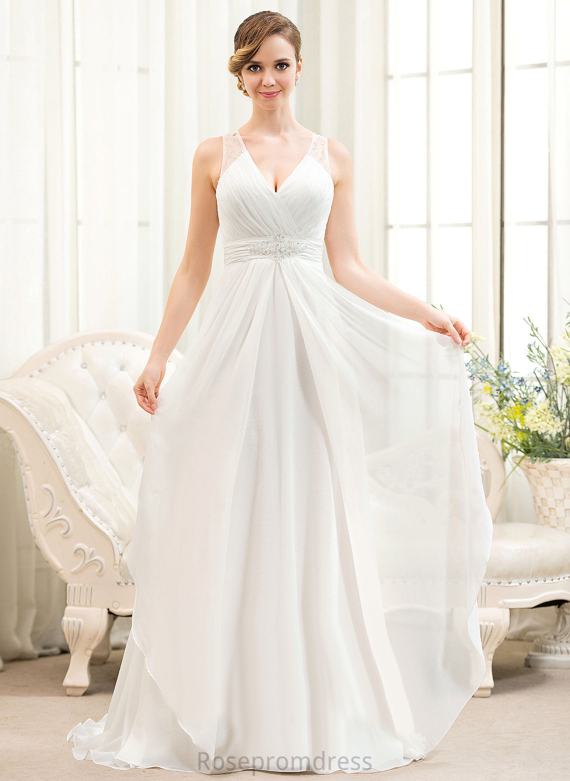 Cascading Perla Wedding Dresses Train Beading Chiffon V-neck Ruffles Sweep Tulle A-Line Wedding With Sequins Dress