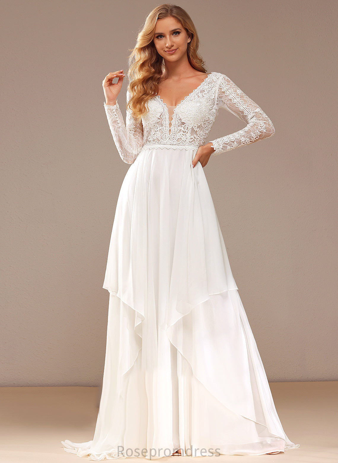 Makaila Lace Ruffle With Chiffon V-neck Wedding Wedding Dresses Dress A-Line Lace Train Court