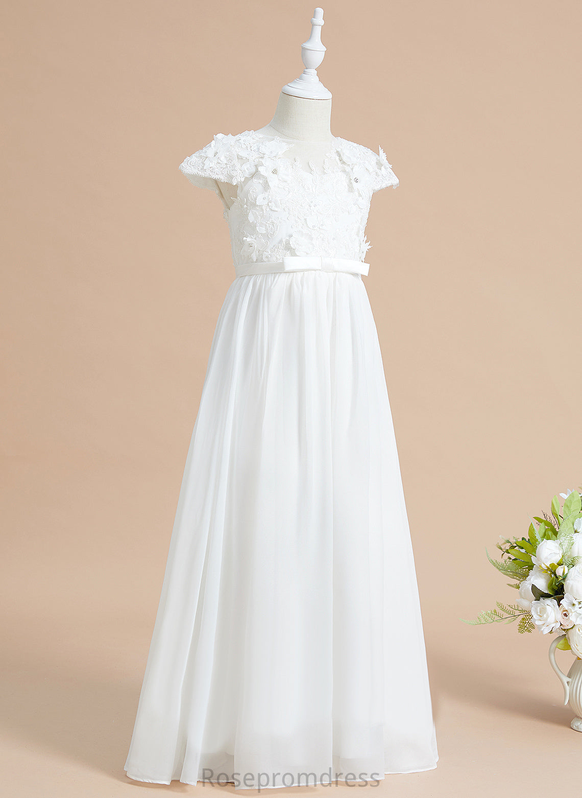 Neck With Girl Floor-length Flower A-Line Marilyn Flower Girl Dresses Chiffon/Lace Dress - Short Scoop Sleeves Flower(s)