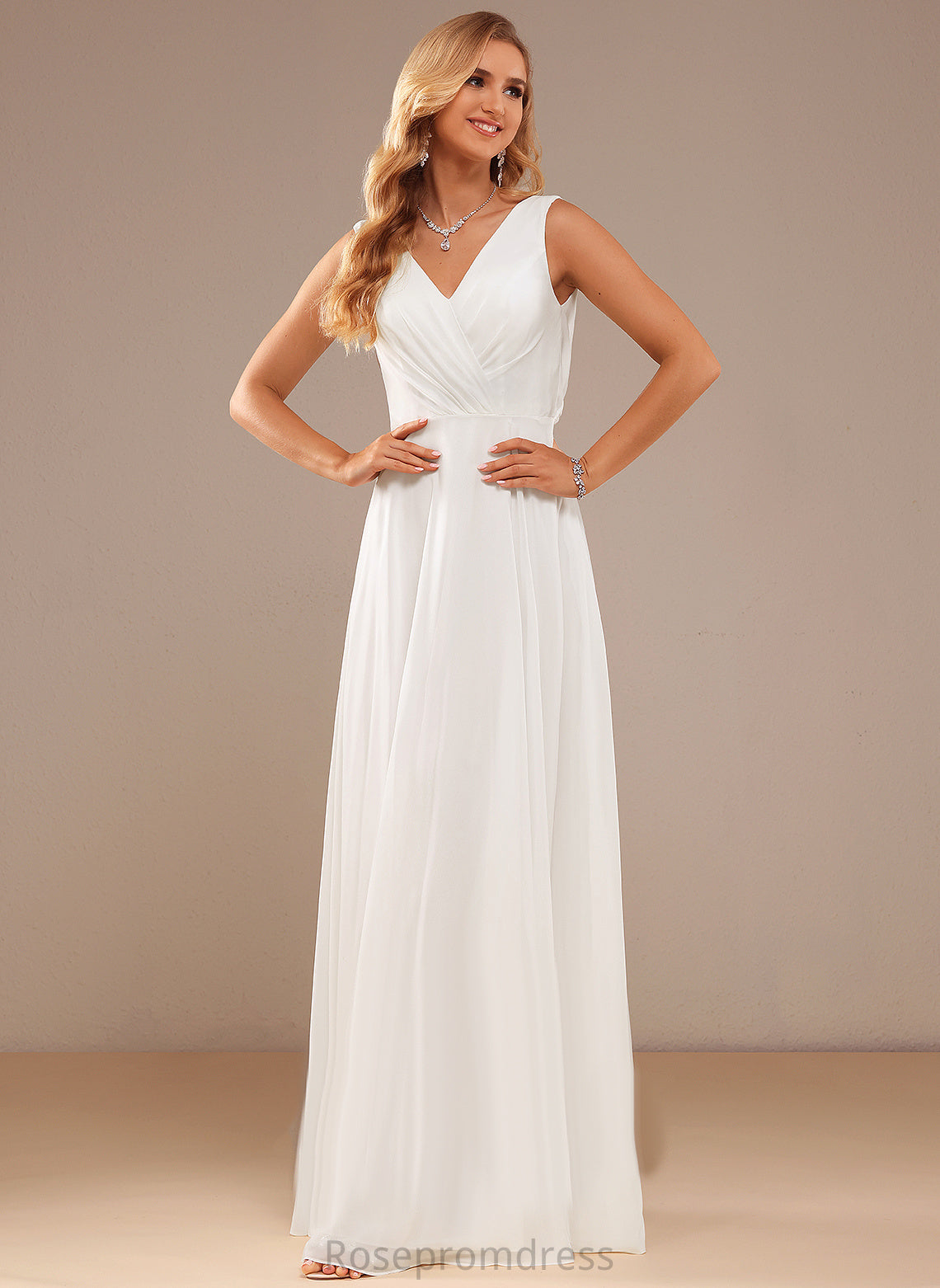 Floor-Length Wedding Dresses V-neck Wedding Kaiya Chiffon Dress A-Line Lace