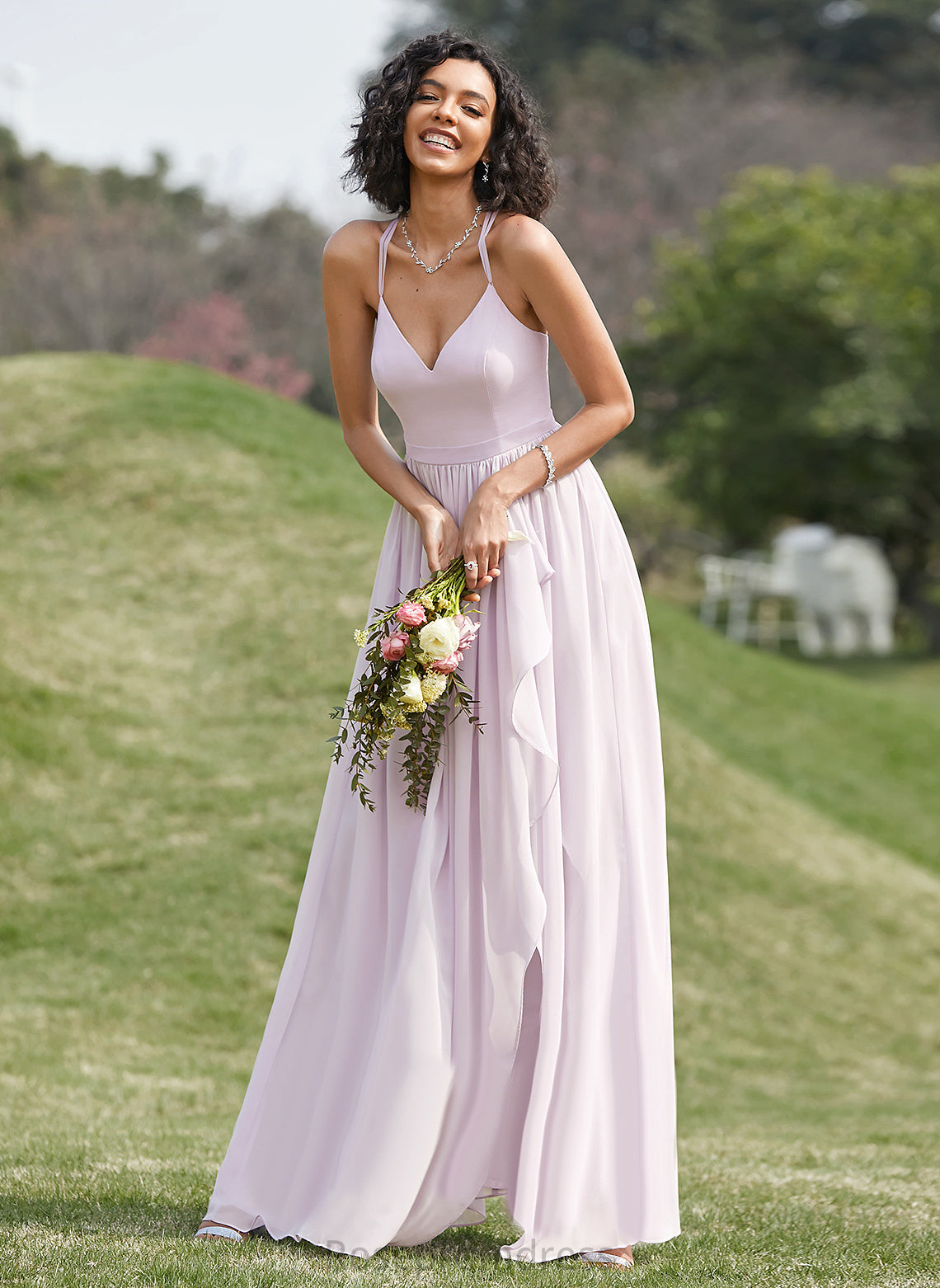 Asymmetrical Length A-line Fabric Neckline Silhouette Straps&Sleeves V-Neck Jacey Scoop Natural Waist A-Line/Princess Bridesmaid Dresses